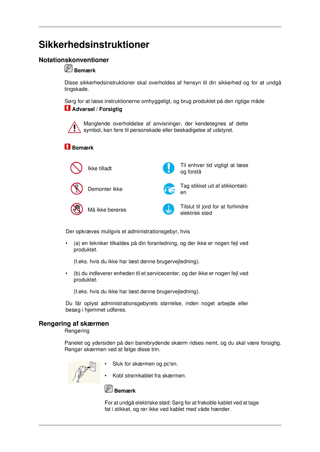 Samsung LH70CSBPLBC/EN manual Notationskonventioner, Rengøring af skærmen, Bemærk 