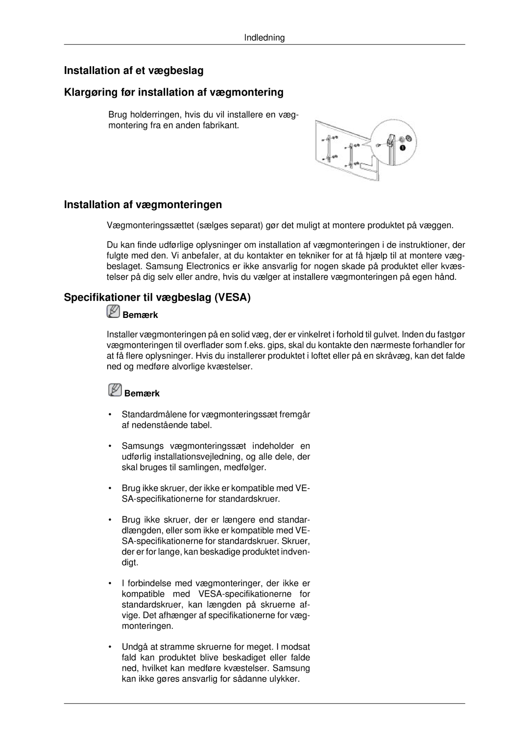 Samsung LH70CSBPLBC/EN manual Installation af vægmonteringen, Specifikationer til vægbeslag Vesa 