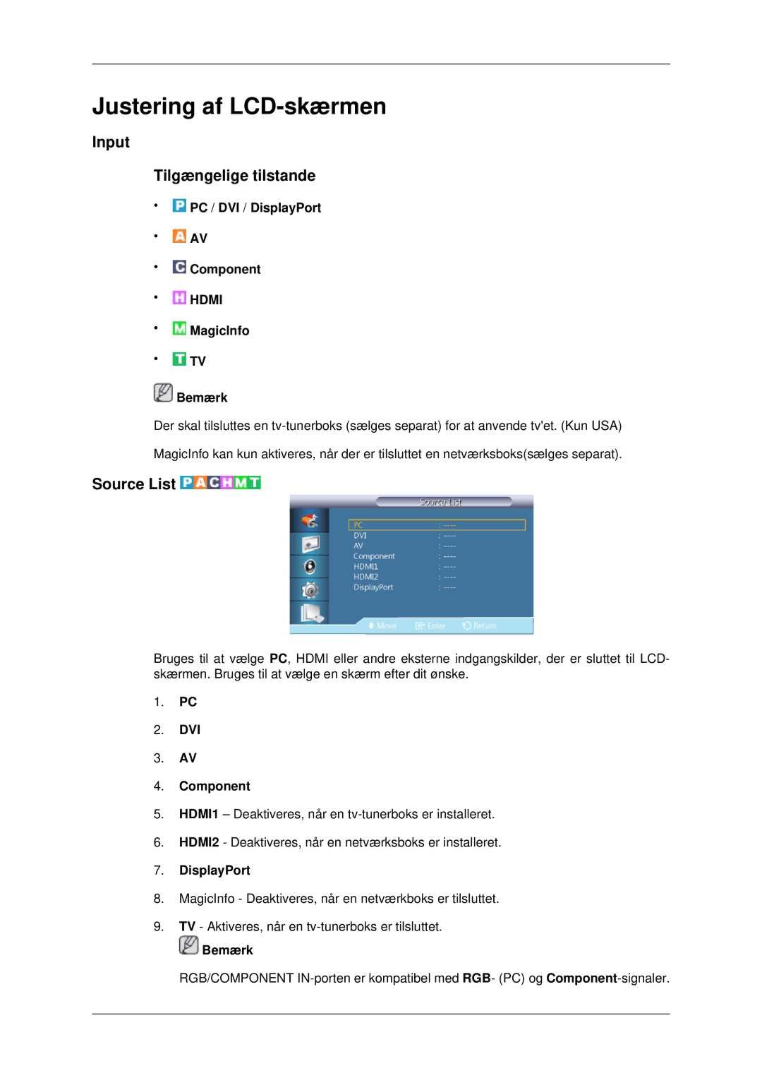 Samsung LH70CSBPLBC/EN manual Input Tilgængelige tilstande, Source List 