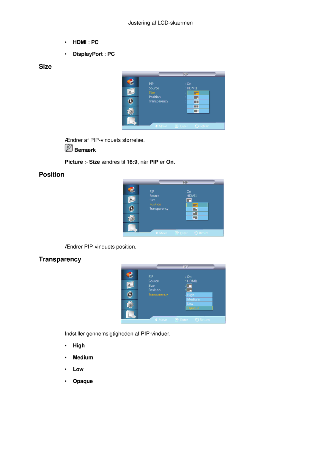 Samsung LH70CSBPLBC/EN manual Size, Position, Transparency 