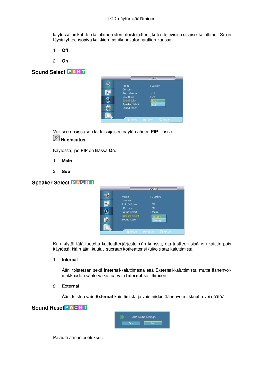 Samsung LH70CSBPLBC/EN manual Sound Select, Speaker Select, Sound Reset 