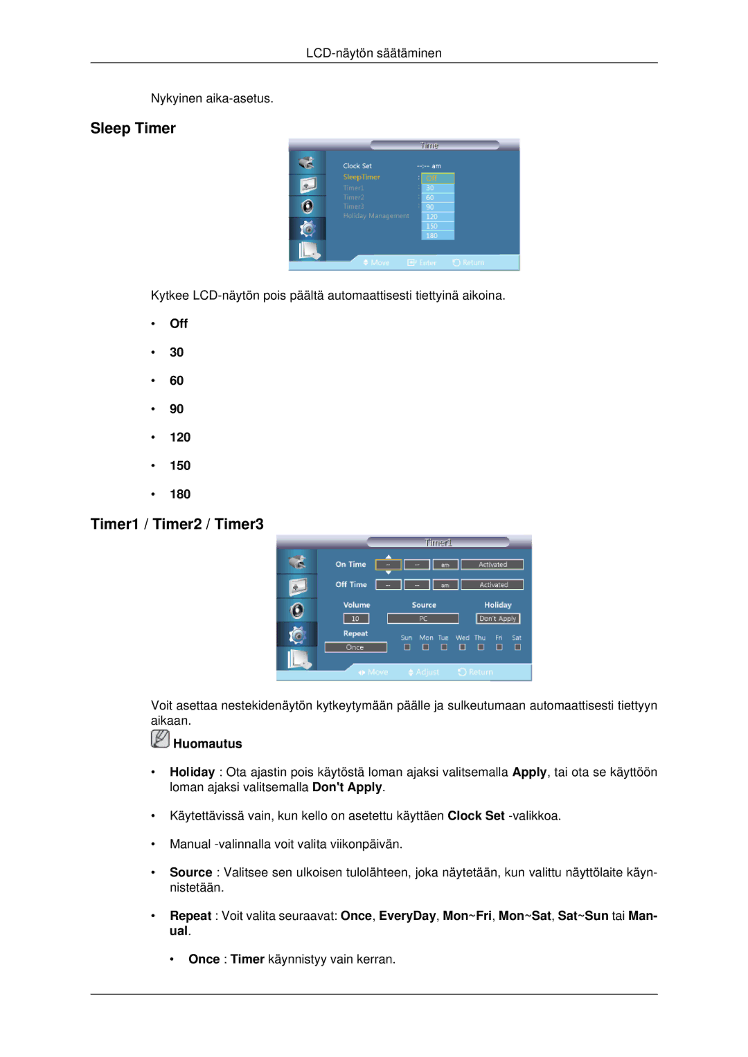 Samsung LH70CSBPLBC/EN manual Sleep Timer, Timer1 / Timer2 / Timer3, Off 120 150 180 