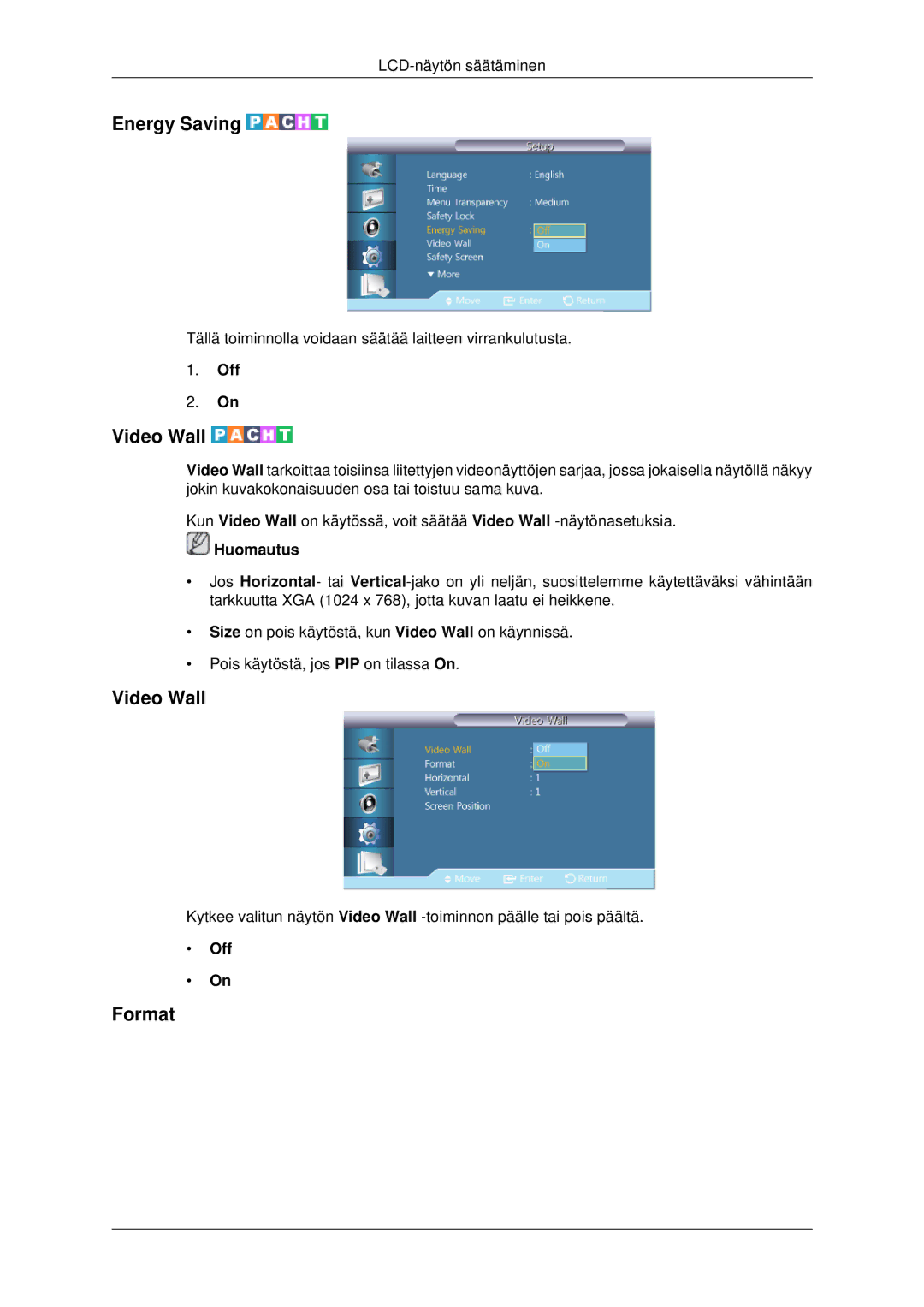 Samsung LH70CSBPLBC/EN manual Energy Saving, Video Wall, Format 