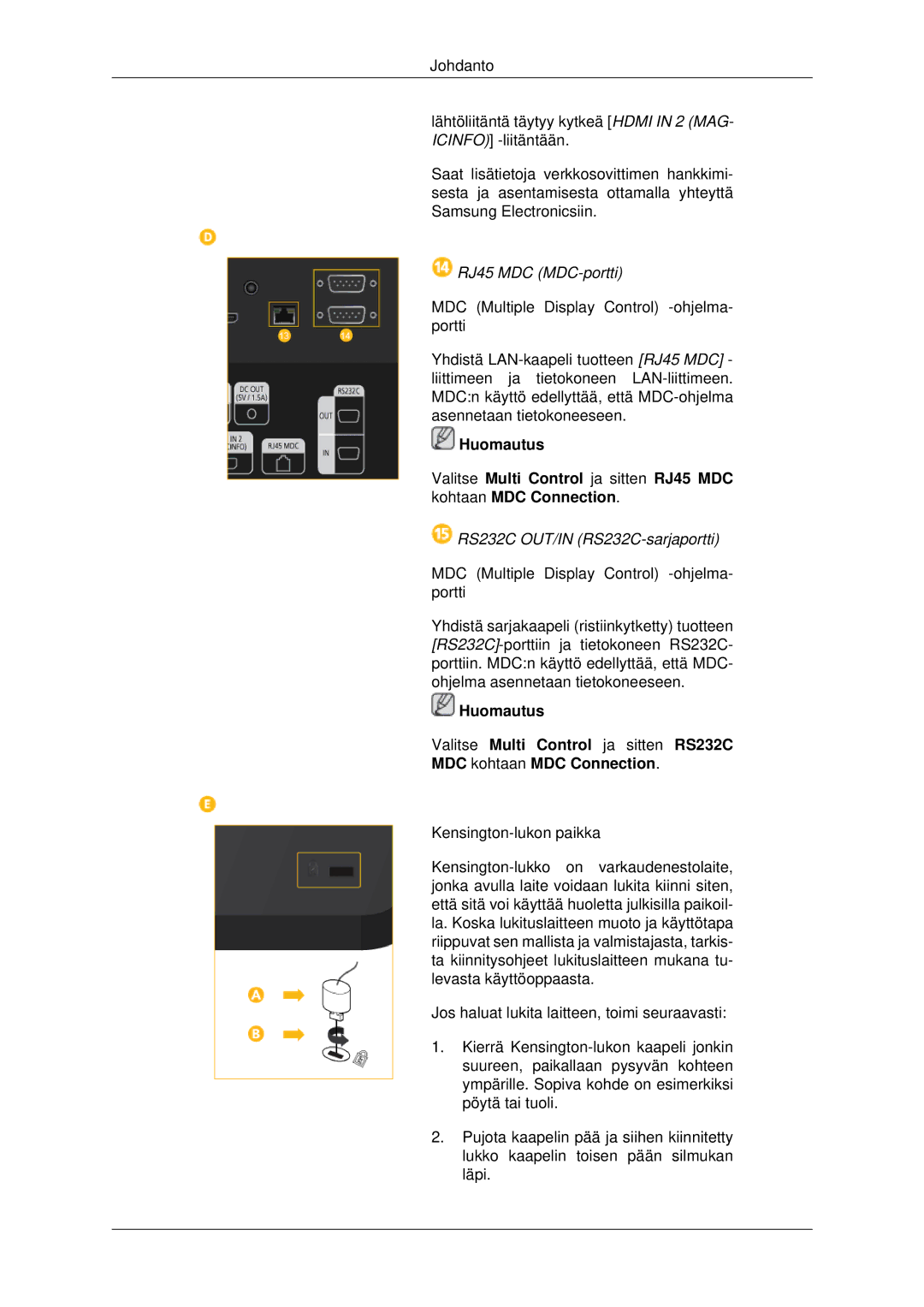 Samsung LH70CSBPLBC/EN manual RJ45 MDC MDC-portti 