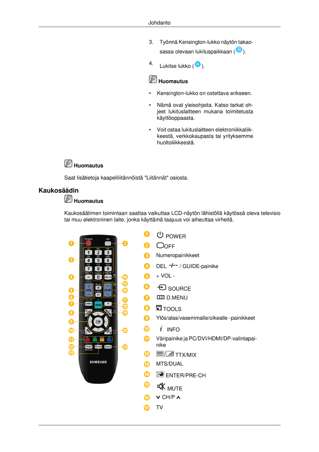 Samsung LH70CSBPLBC/EN manual Kaukosäädin 