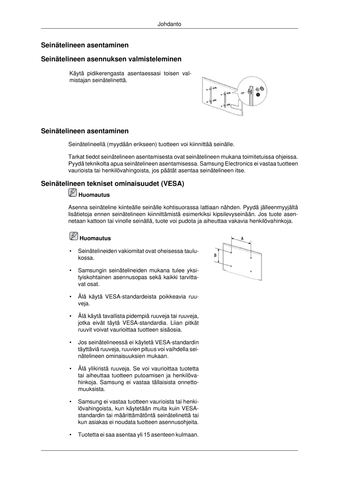 Samsung LH70CSBPLBC/EN manual Seinätelineen asentaminen, Seinätelineen tekniset ominaisuudet Vesa 