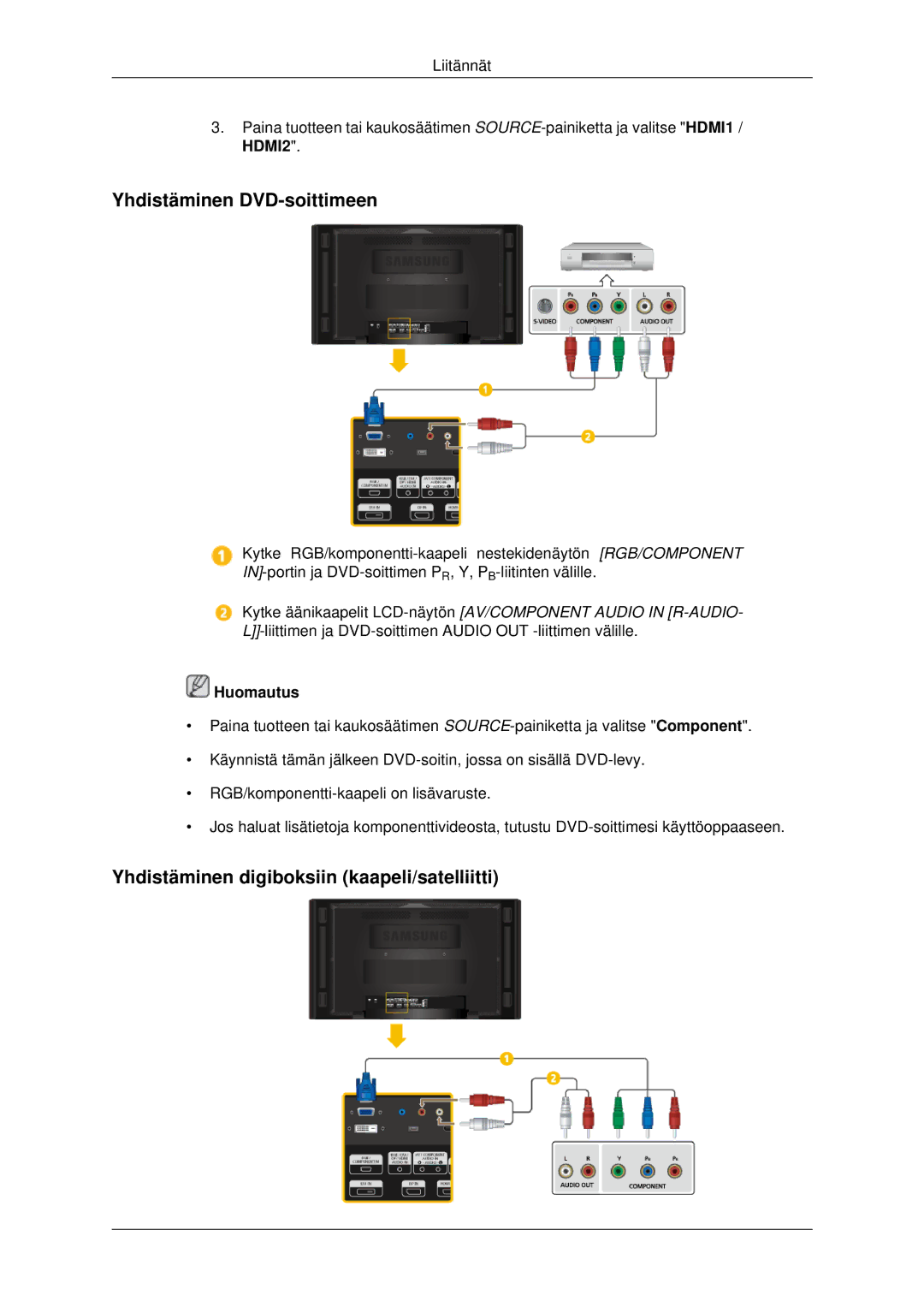 Samsung LH70CSBPLBC/EN manual Yhdistäminen DVD-soittimeen, Yhdistäminen digiboksiin kaapeli/satelliitti 