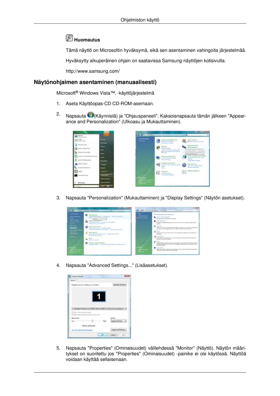 Samsung LH70CSBPLBC/EN manual Näytönohjaimen asentaminen manuaalisesti 