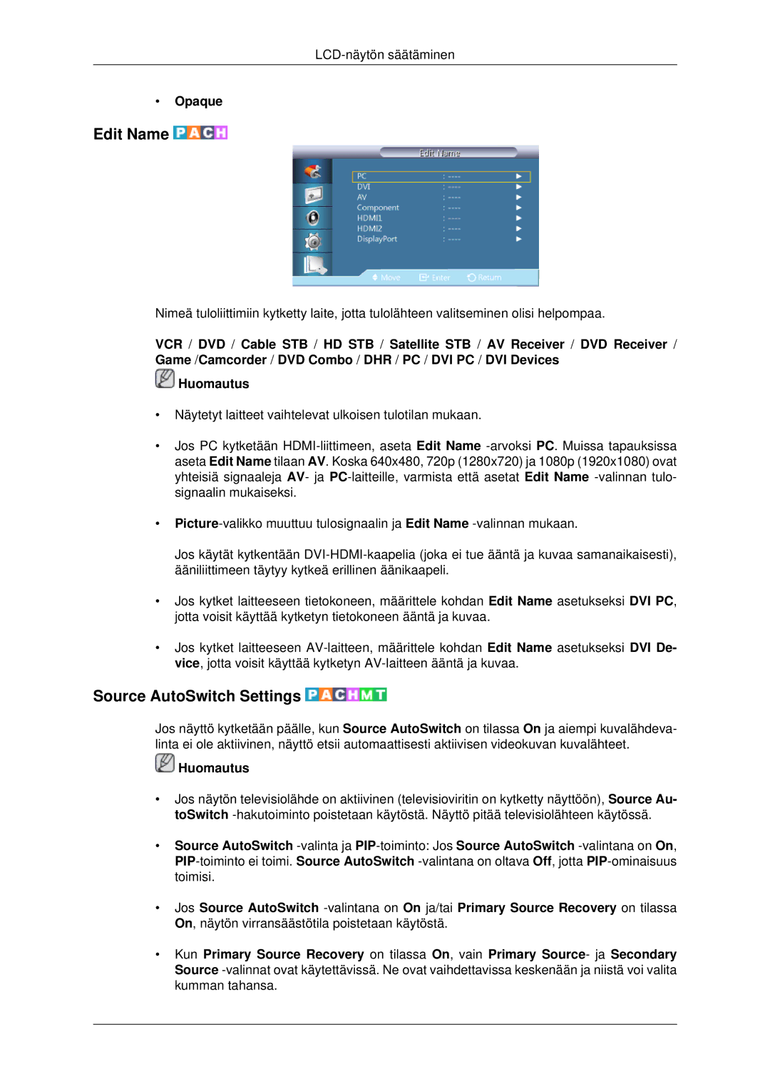 Samsung LH70CSBPLBC/EN manual Edit Name, Source AutoSwitch Settings, Opaque 