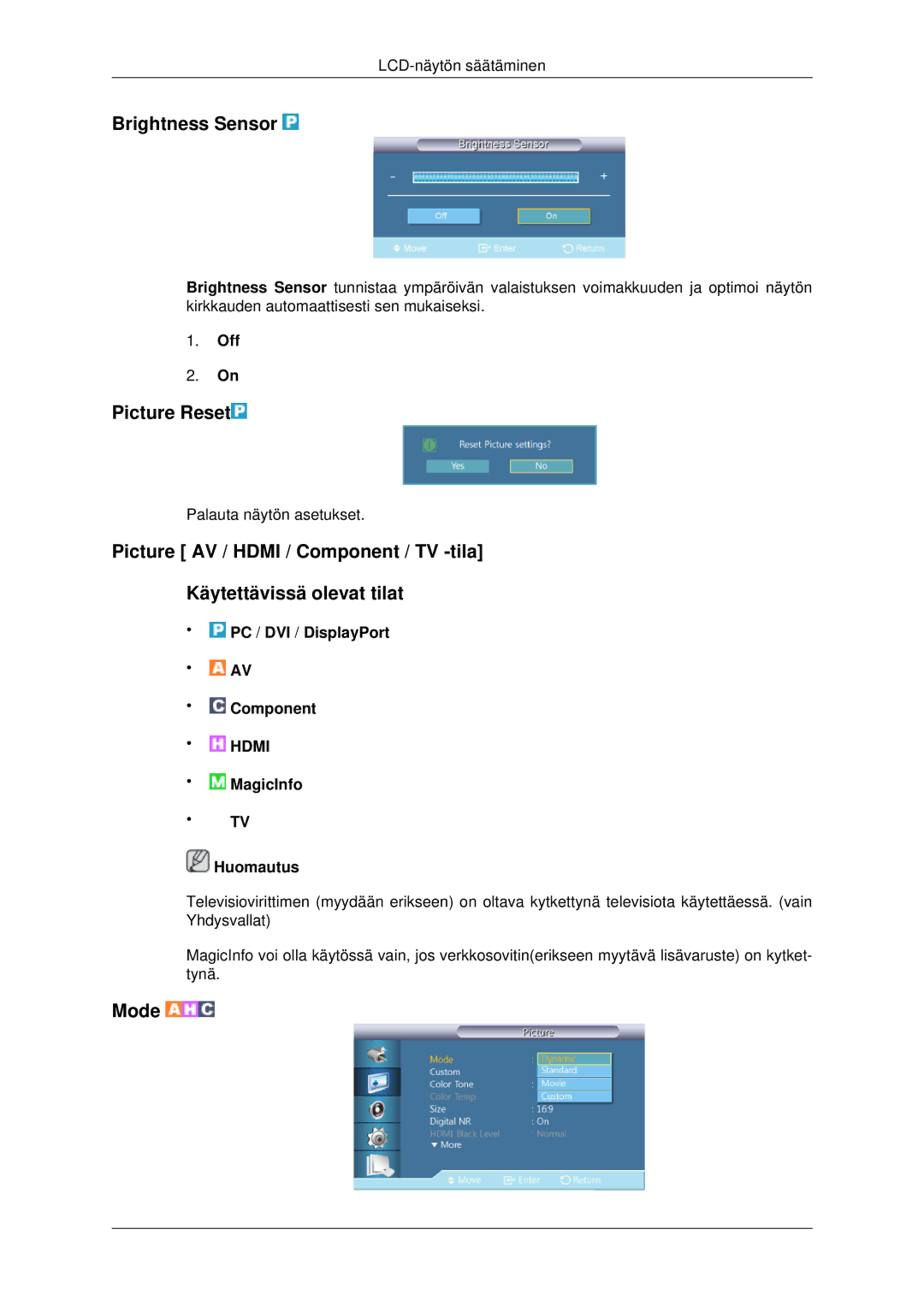 Samsung LH70CSBPLBC/EN manual Brightness Sensor, Picture Reset 