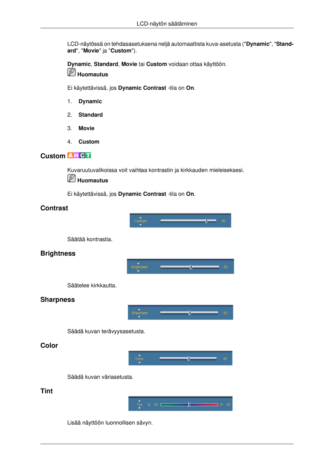 Samsung LH70CSBPLBC/EN manual Contrast, Brightness, Sharpness, Color, Tint 