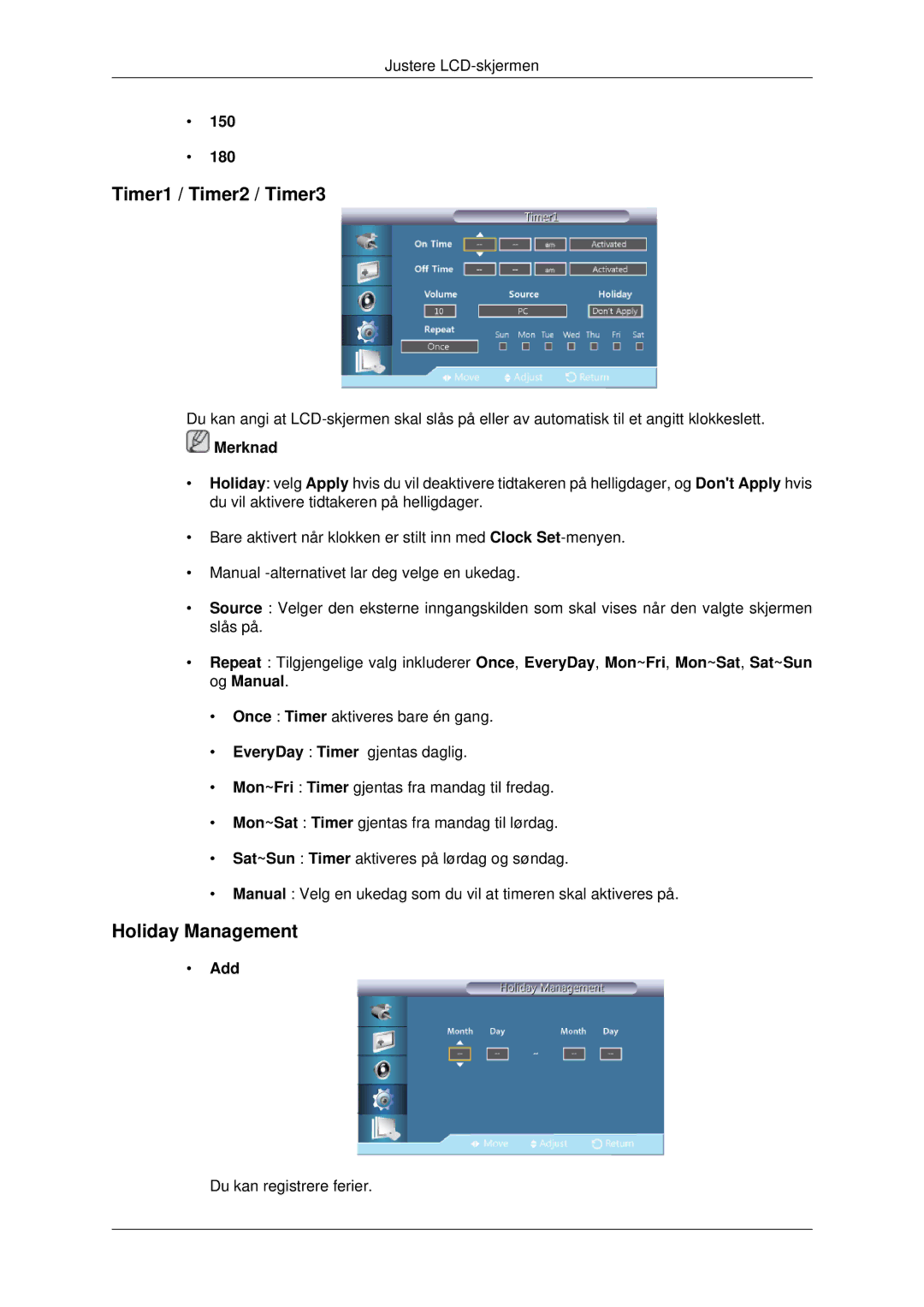 Samsung LH70CSBPLBC/EN manual Timer1 / Timer2 / Timer3, Holiday Management, 150 180, Add 