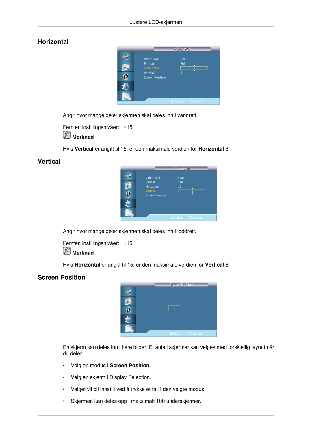 Samsung LH70CSBPLBC/EN manual Horizontal, Vertical, Screen Position 