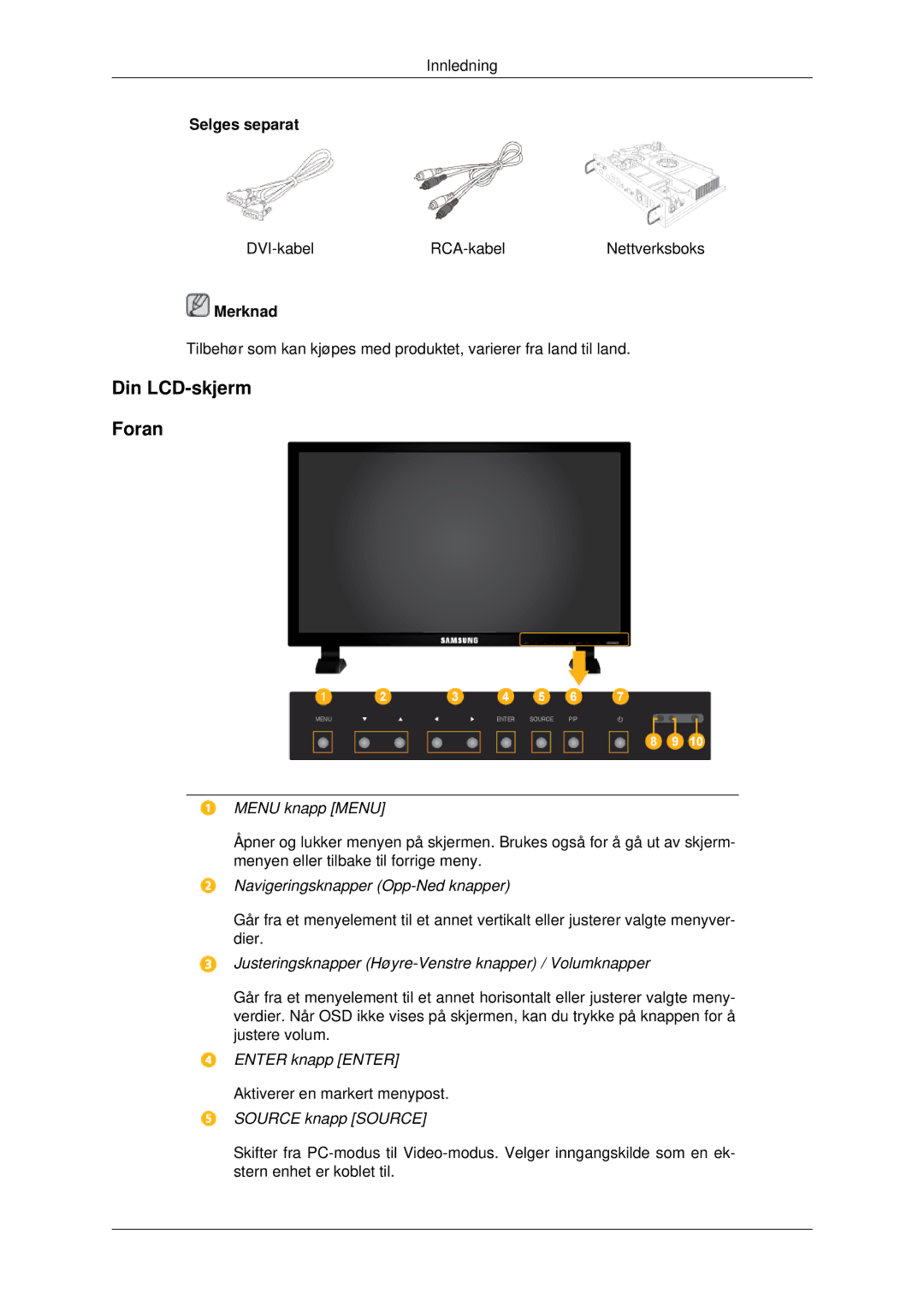 Samsung LH70CSBPLBC/EN manual Din LCD-skjerm Foran, Menu knapp Menu 