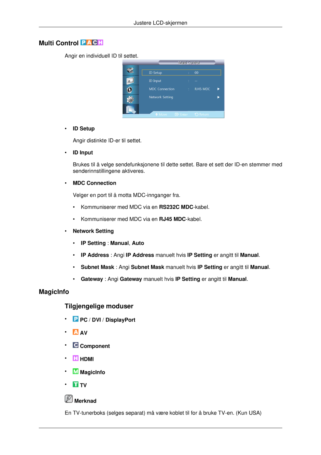 Samsung LH70CSBPLBC/EN manual Multi Control, MagicInfo Tilgjengelige moduser, ID Setup, ID Input, MDC Connection 