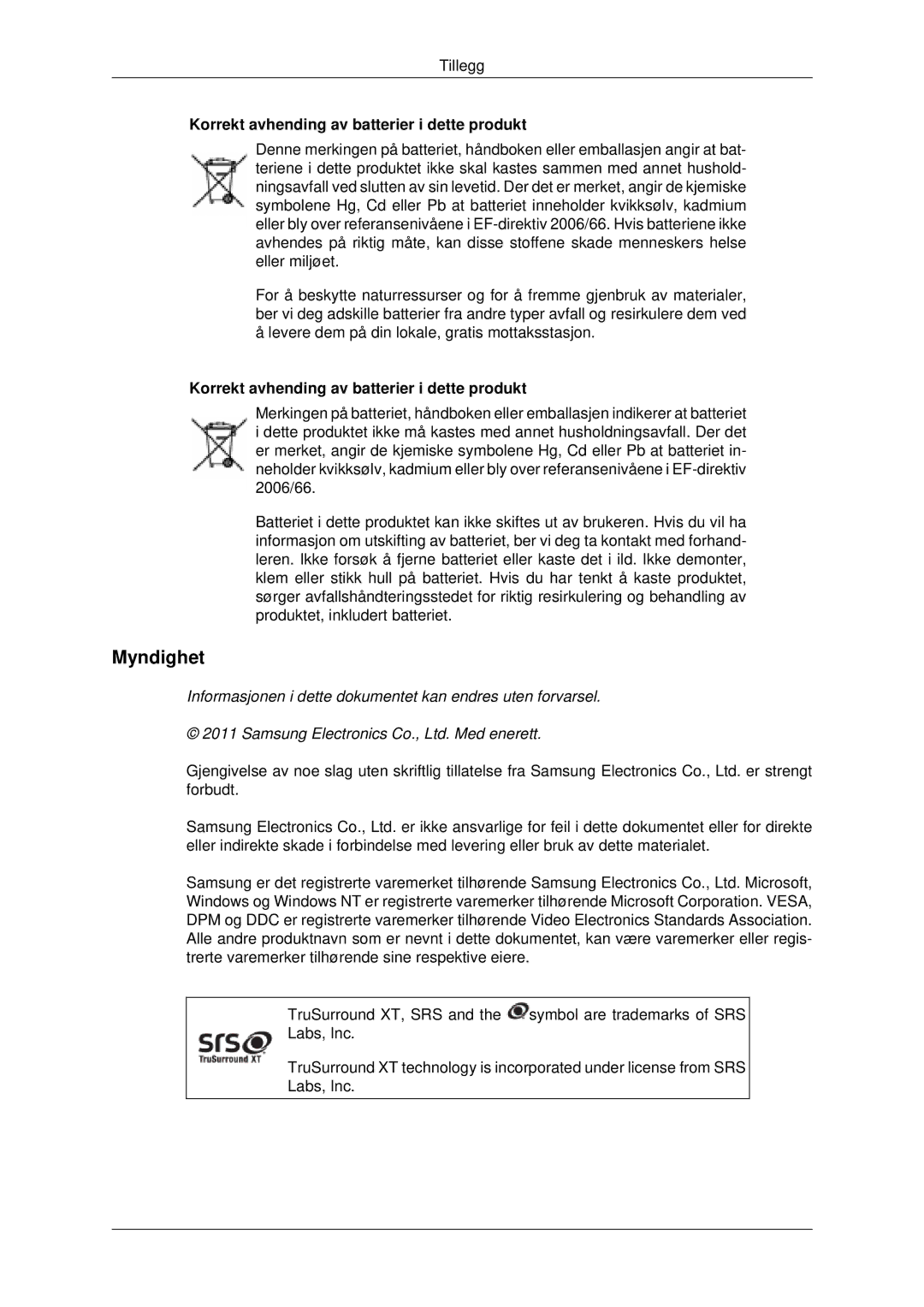 Samsung LH70CSBPLBC/EN manual Myndighet, Korrekt avhending av batterier i dette produkt 