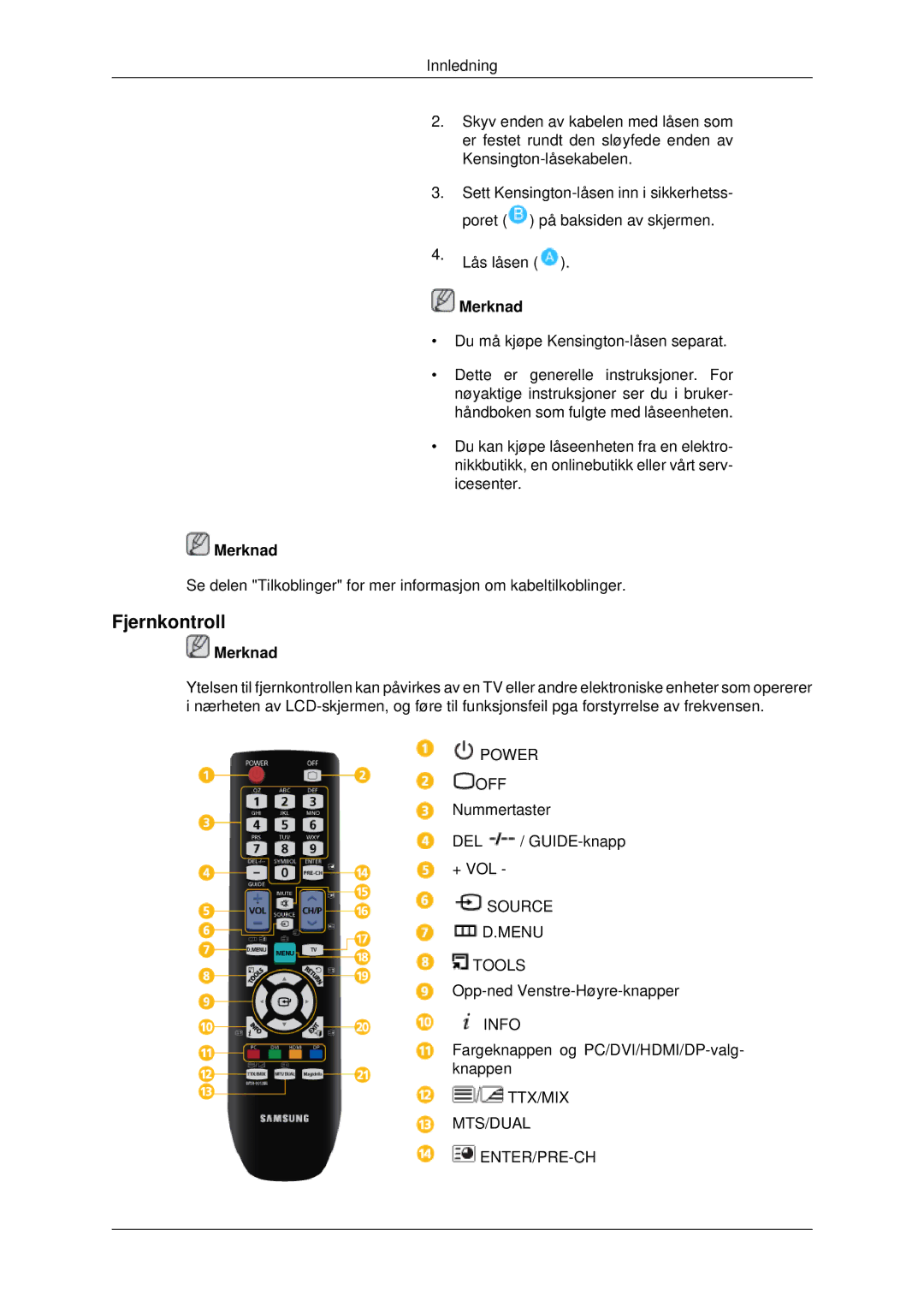 Samsung LH70CSBPLBC/EN manual Fjernkontroll 