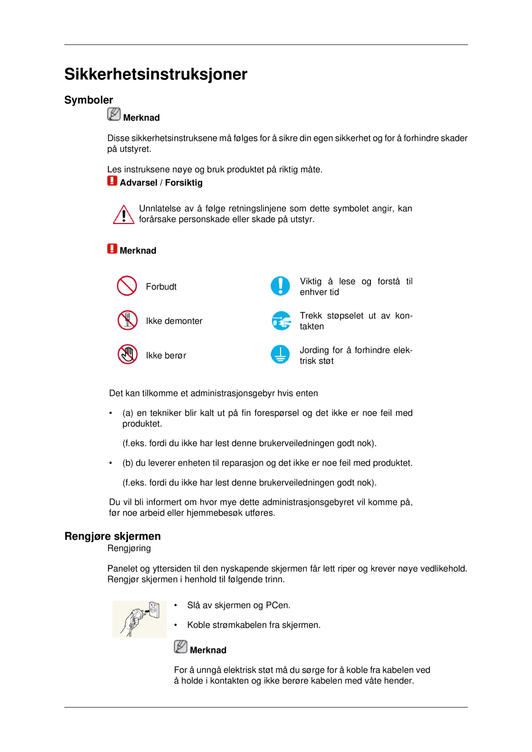 Samsung LH70CSBPLBC/EN manual Symboler, Rengjøre skjermen, Merknad 