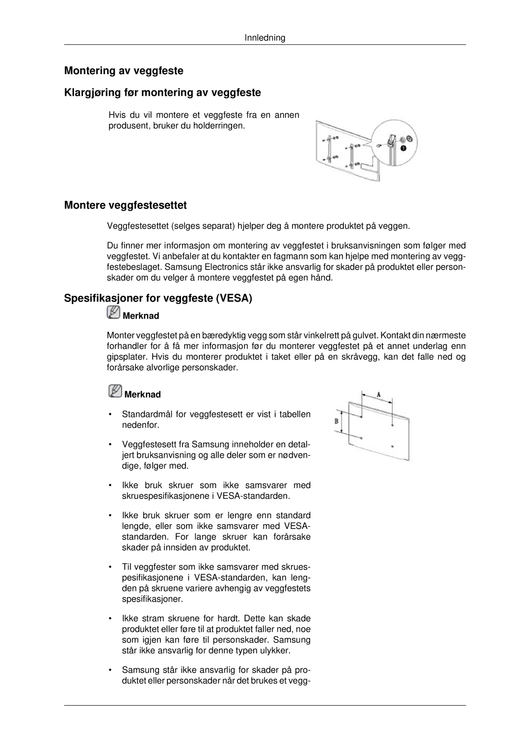 Samsung LH70CSBPLBC/EN manual Montere veggfestesettet, Spesifikasjoner for veggfeste Vesa 