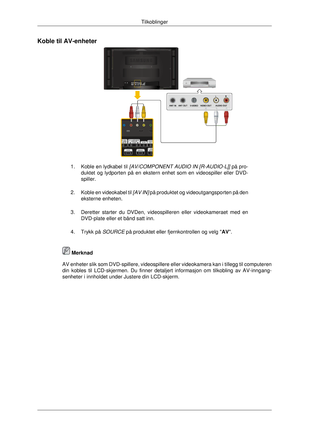 Samsung LH70CSBPLBC/EN manual Koble til AV-enheter 