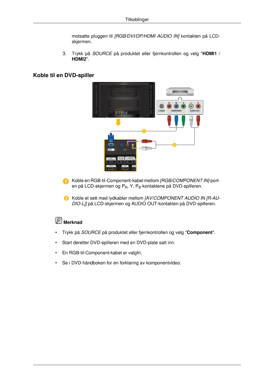 Samsung LH70CSBPLBC/EN manual Koble til en DVD-spiller 