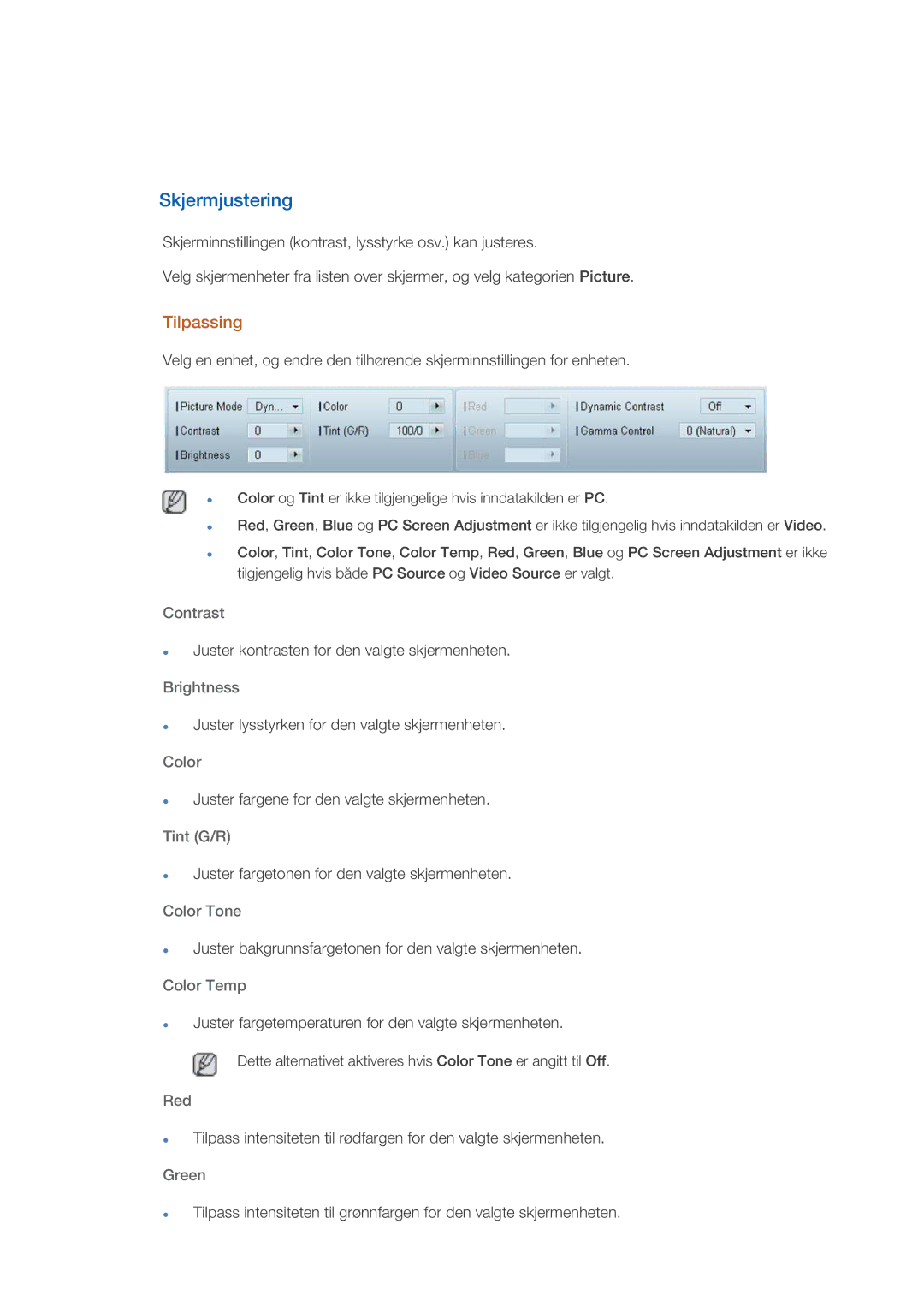 Samsung LH70CSBPLBC/EN manual Skjermjustering, Tilpassing 