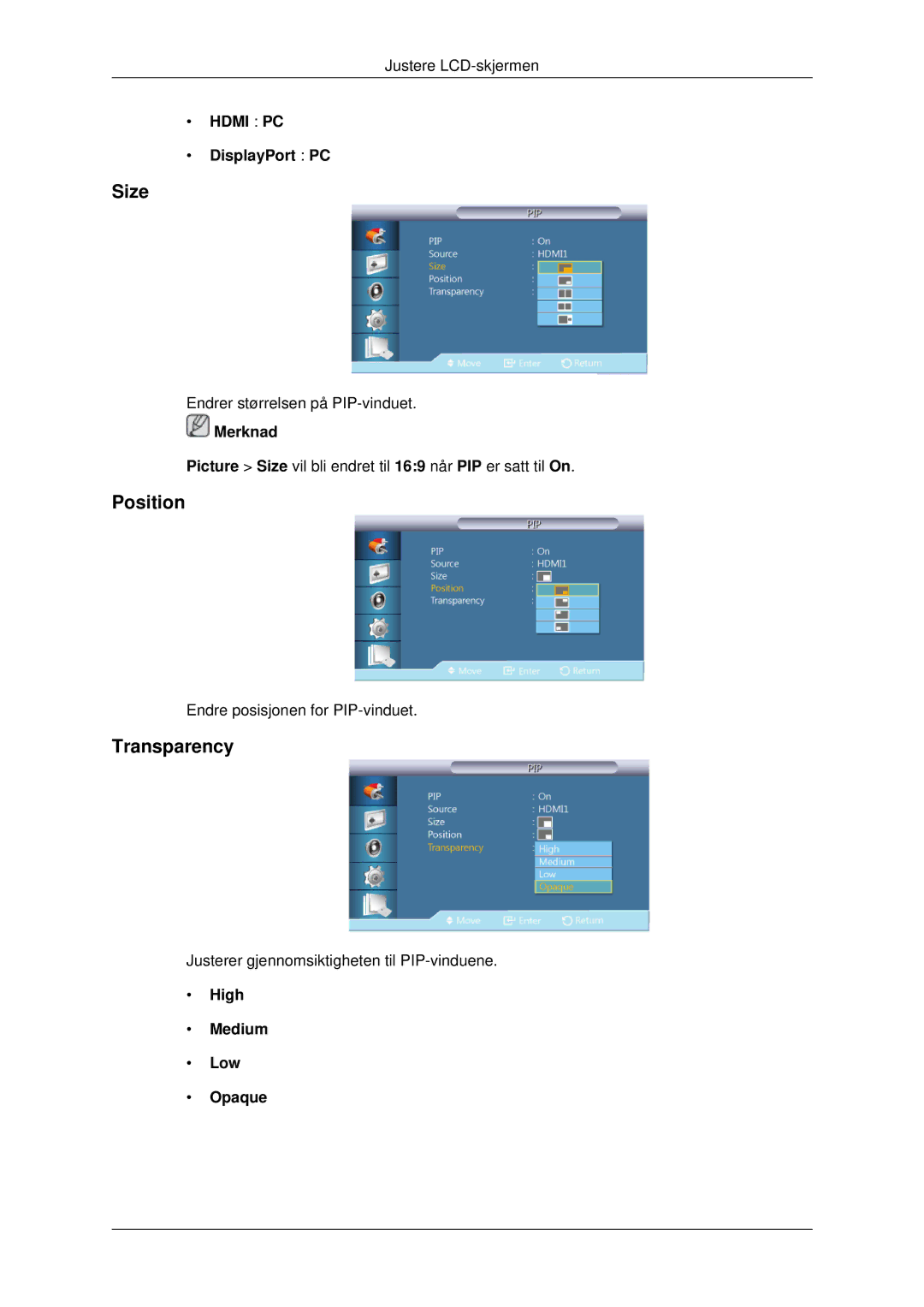 Samsung LH70CSBPLBC/EN manual Size, Position, Transparency, DisplayPort PC, High Medium Low Opaque 