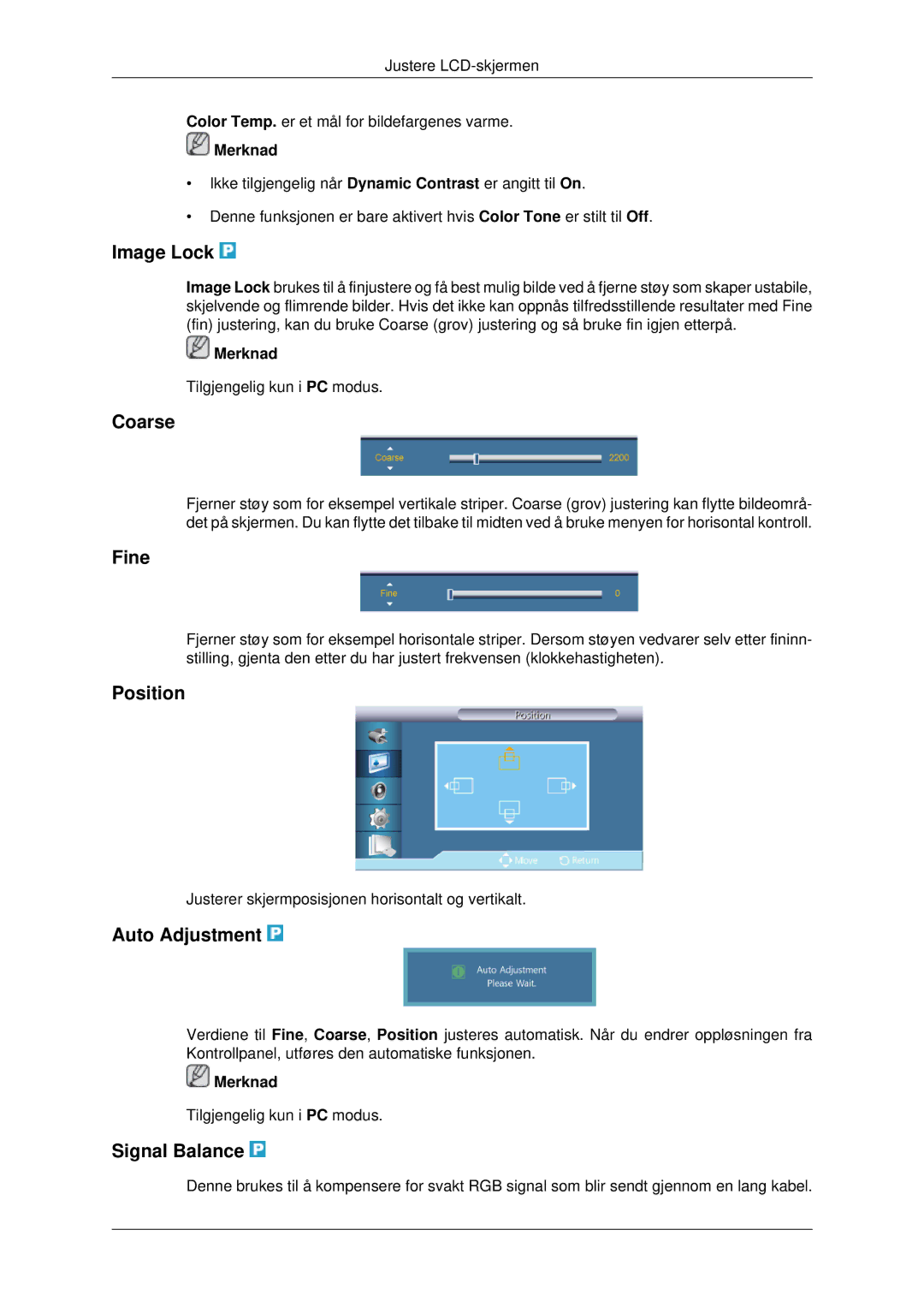 Samsung LH70CSBPLBC/EN manual Image Lock, Coarse, Fine, Auto Adjustment, Signal Balance 
