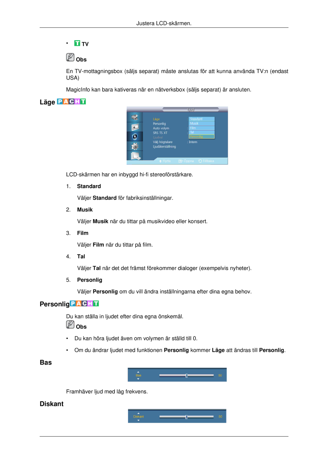 Samsung LH70CSBPLBC/EN manual Bas, Diskant, Musik, Tal 