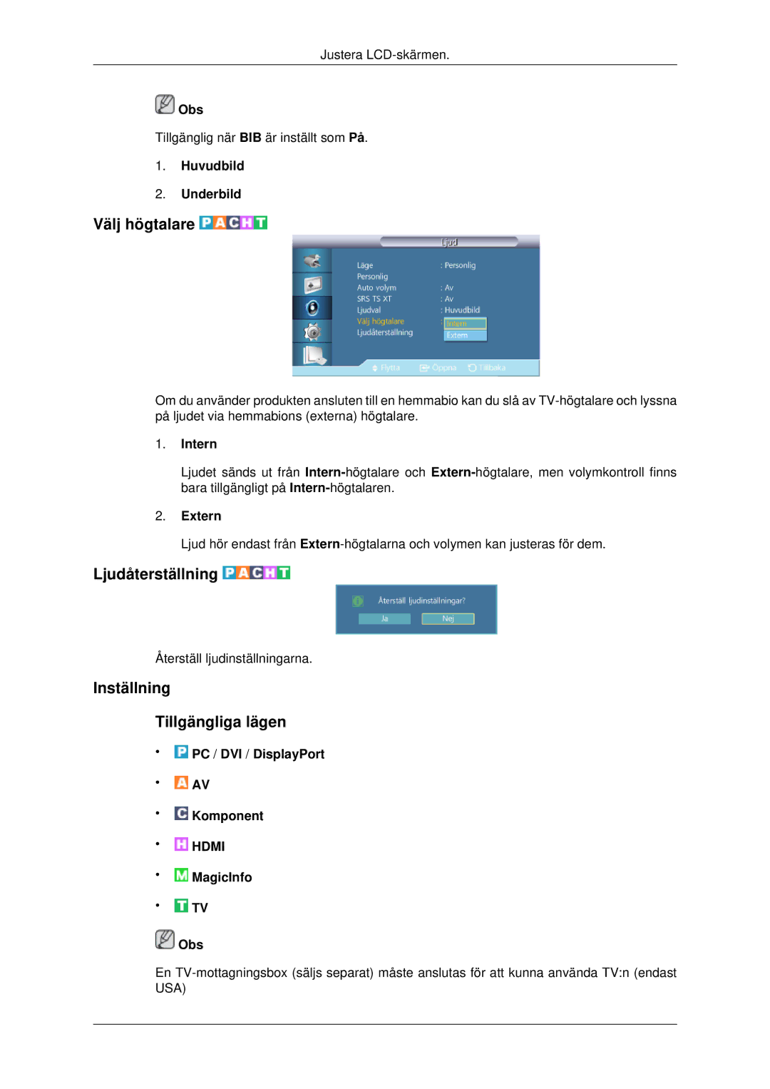 Samsung LH70CSBPLBC/EN manual Välj högtalare, Ljudåterställning, Inställning Tillgängliga lägen 