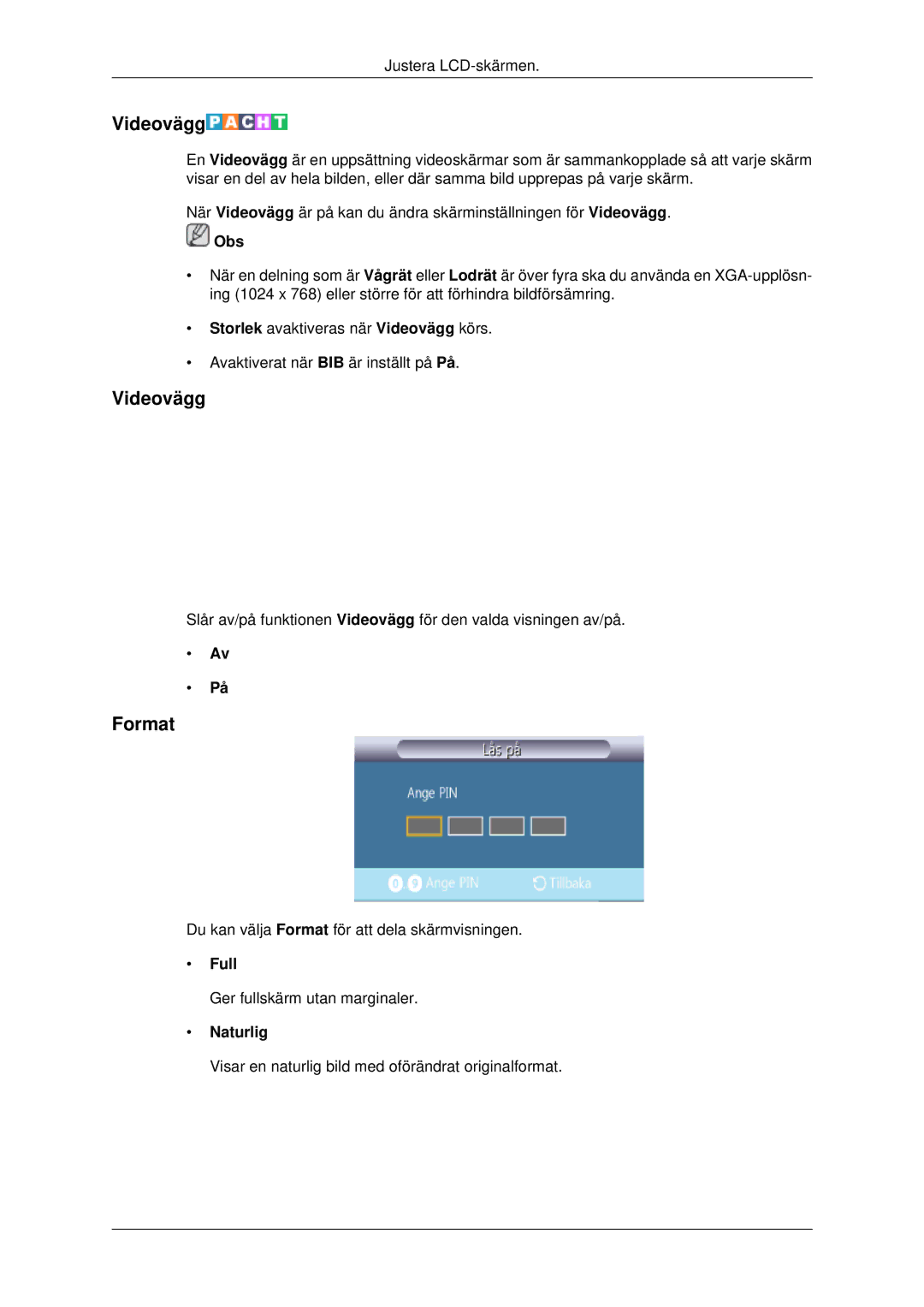 Samsung LH70CSBPLBC/EN manual Videovägg, Format, Full 