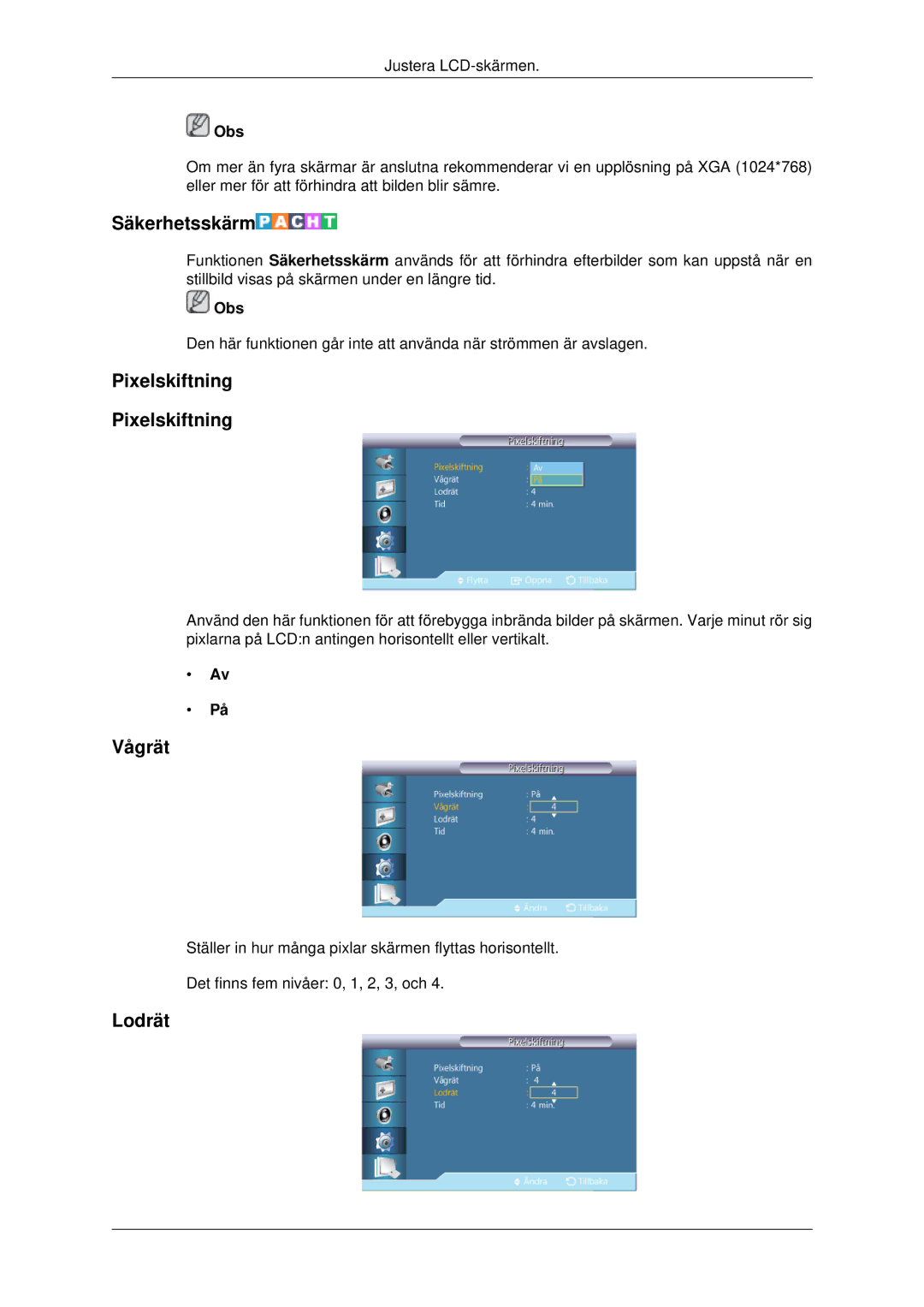 Samsung LH70CSBPLBC/EN manual Säkerhetsskärm, Pixelskiftning 