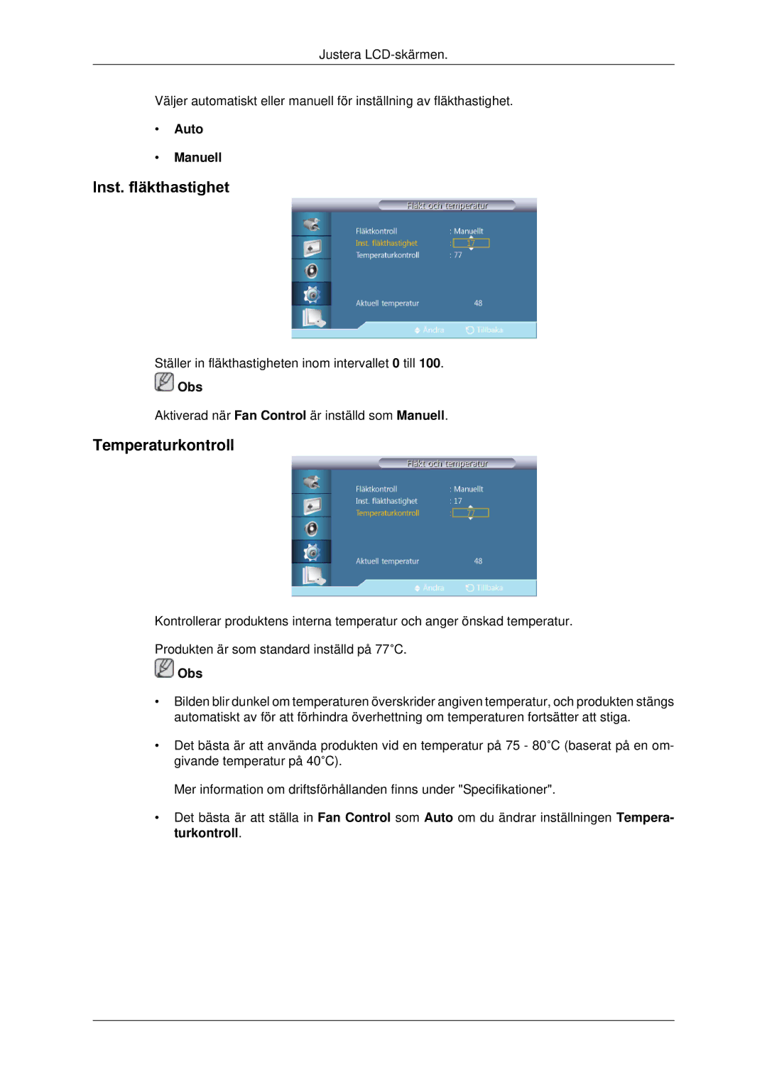 Samsung LH70CSBPLBC/EN manual Inst. fläkthastighet, Temperaturkontroll, Auto Manuell 