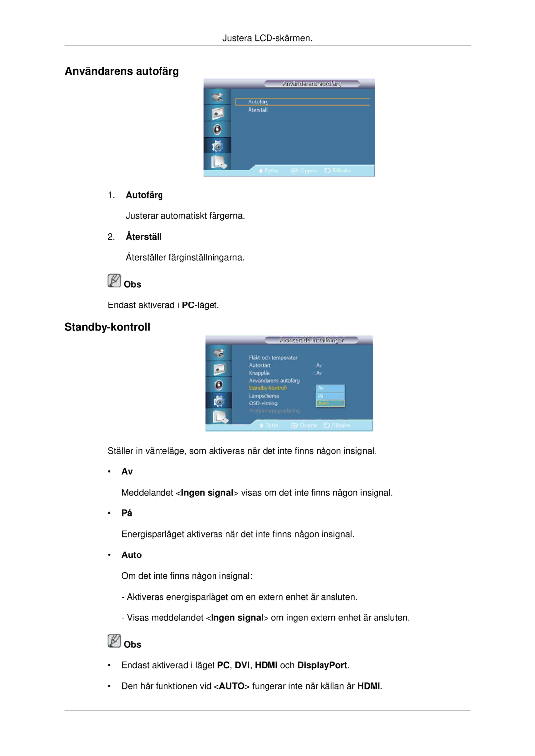 Samsung LH70CSBPLBC/EN manual Användarens autofärg, Standby-kontroll, Autofärg, Återställ 