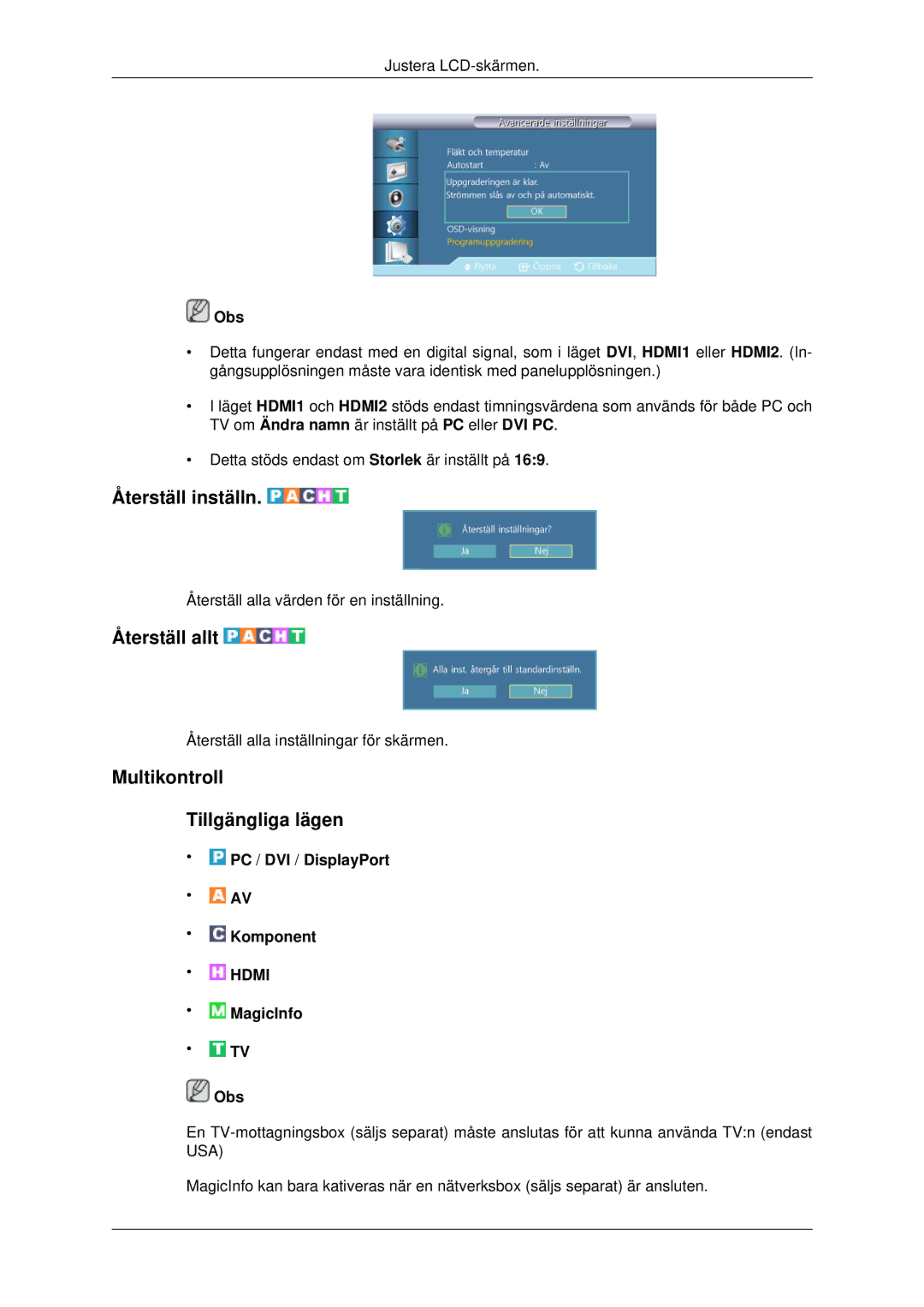 Samsung LH70CSBPLBC/EN manual Återställ inställn, Återställ allt, Multikontroll Tillgängliga lägen 