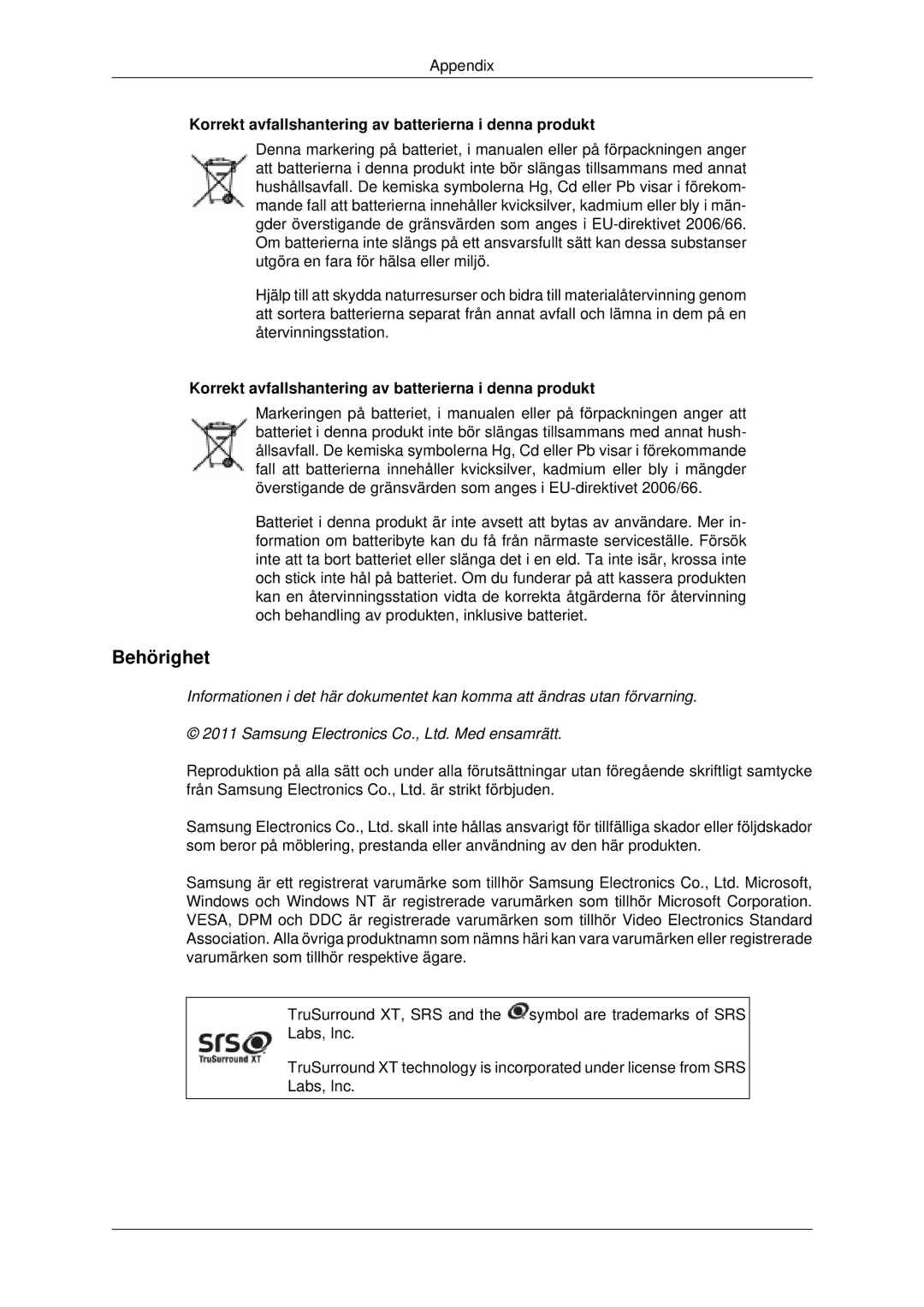 Samsung LH70CSBPLBC/EN manual Behörighet, Korrekt avfallshantering av batterierna i denna produkt 