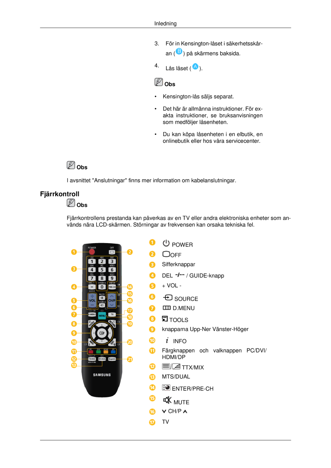 Samsung LH70CSBPLBC/EN manual Fjärrkontroll 