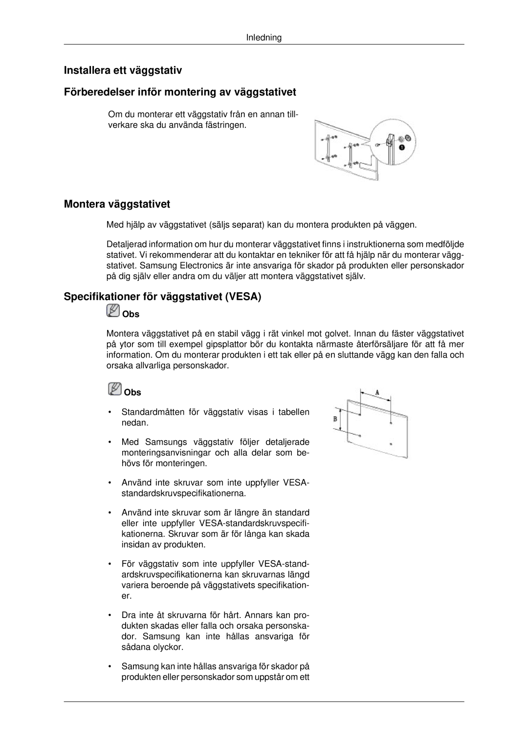 Samsung LH70CSBPLBC/EN manual Montera väggstativet, Specifikationer för väggstativet Vesa 