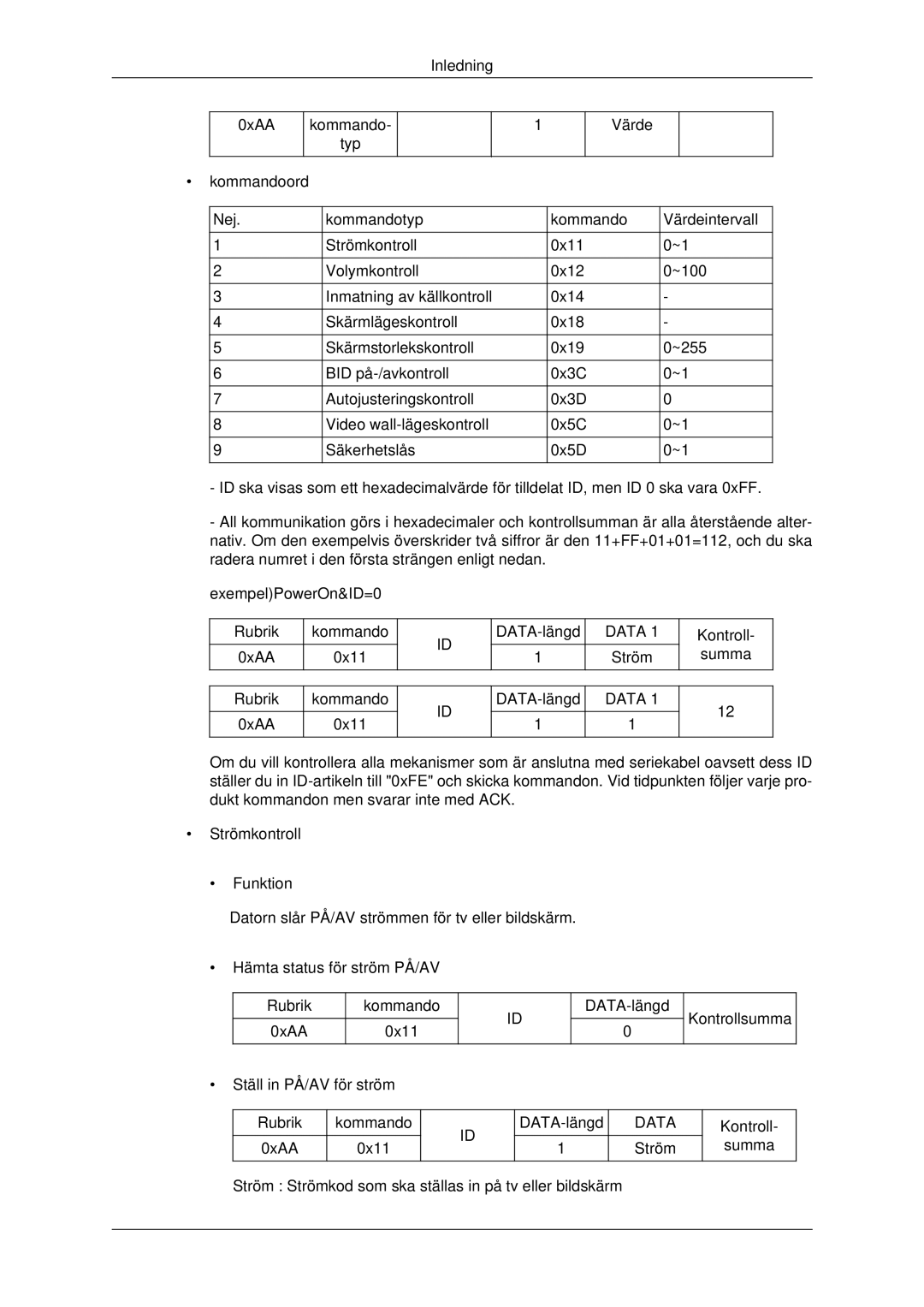 Samsung LH70CSBPLBC/EN manual Ström Kontroll Summa Rubrik 0xAA Kommando 0x11 DATA-längd 