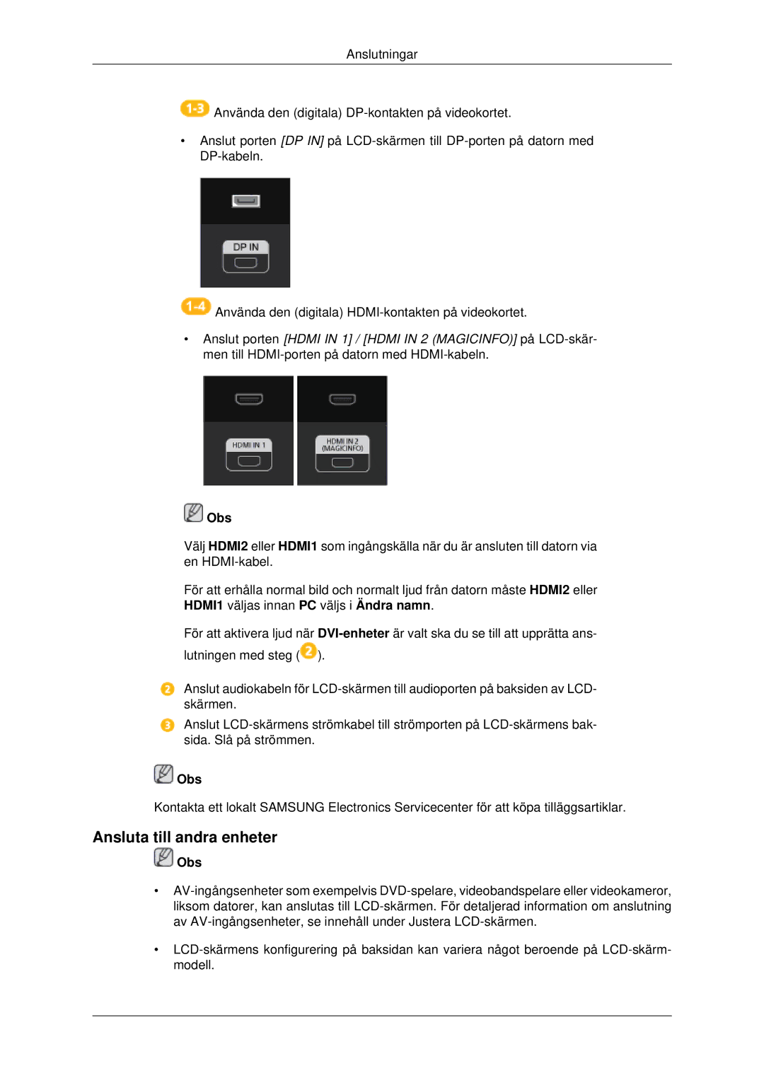 Samsung LH70CSBPLBC/EN manual Ansluta till andra enheter, Obs 