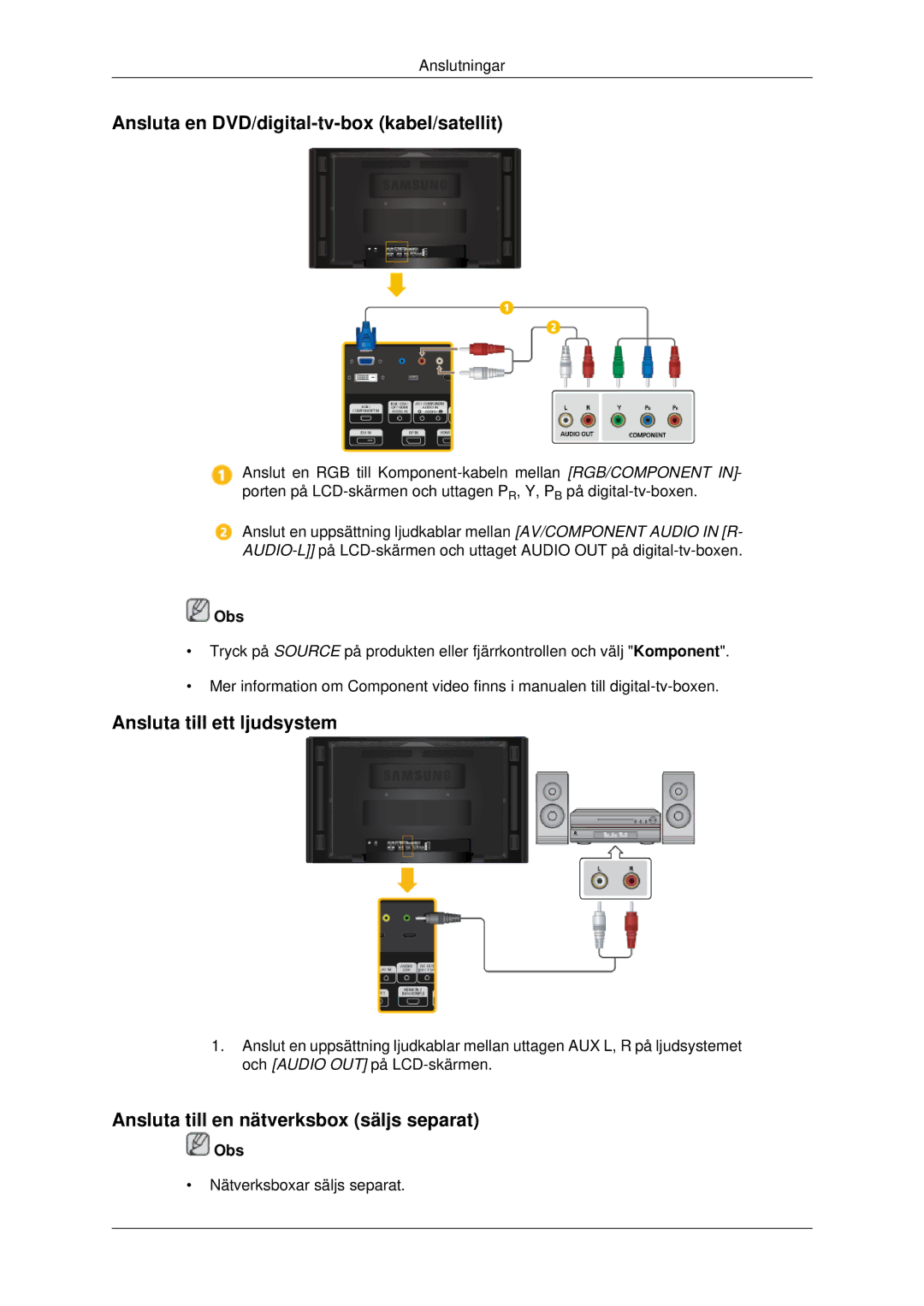 Samsung LH70CSBPLBC/EN manual Ansluta en DVD/digital-tv-box kabel/satellit, Ansluta till ett ljudsystem 