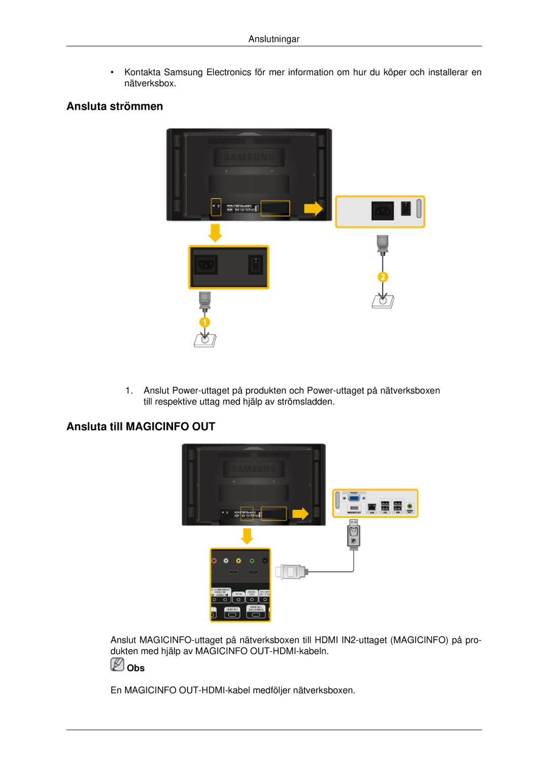 Samsung LH70CSBPLBC/EN manual Ansluta strömmen, Ansluta till Magicinfo OUT 