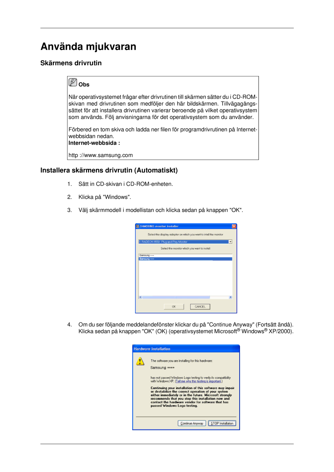 Samsung LH70CSBPLBC/EN manual Skärmens drivrutin, Installera skärmens drivrutin Automatiskt, Internet-webbsida 