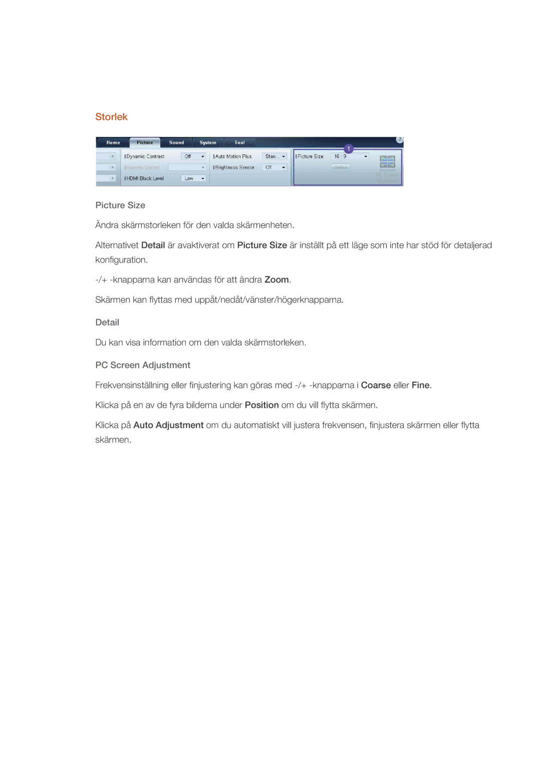 Samsung LH70CSBPLBC/EN manual Storlek, Picture Size, Detail, PC Screen Adjustment 