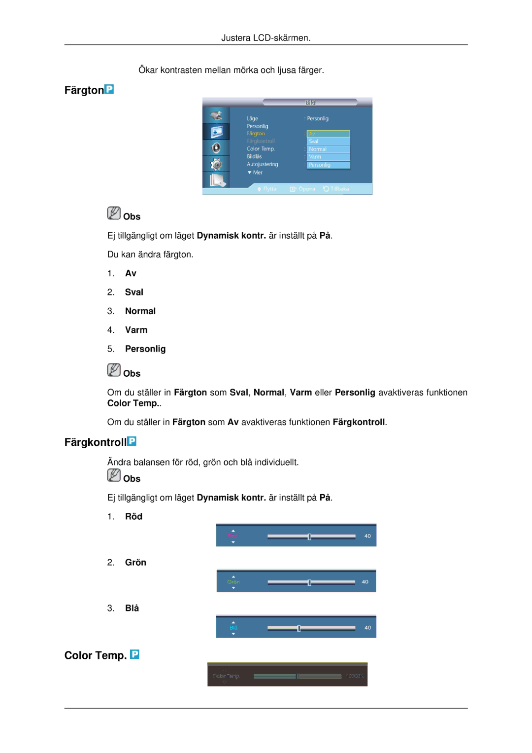 Samsung LH70CSBPLBC/EN manual Färgton, Färgkontroll, Color Temp, Sval Normal Varm Personlig Obs, Röd Grön Blå 