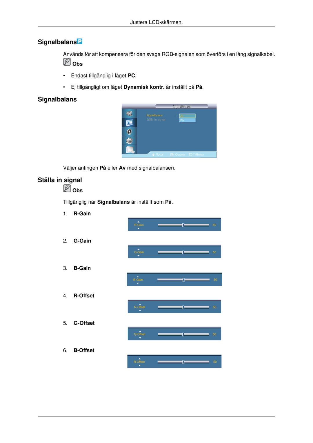 Samsung LH70CSBPLBC/EN manual Signalbalans, Ställa in signal, Gain Offset 