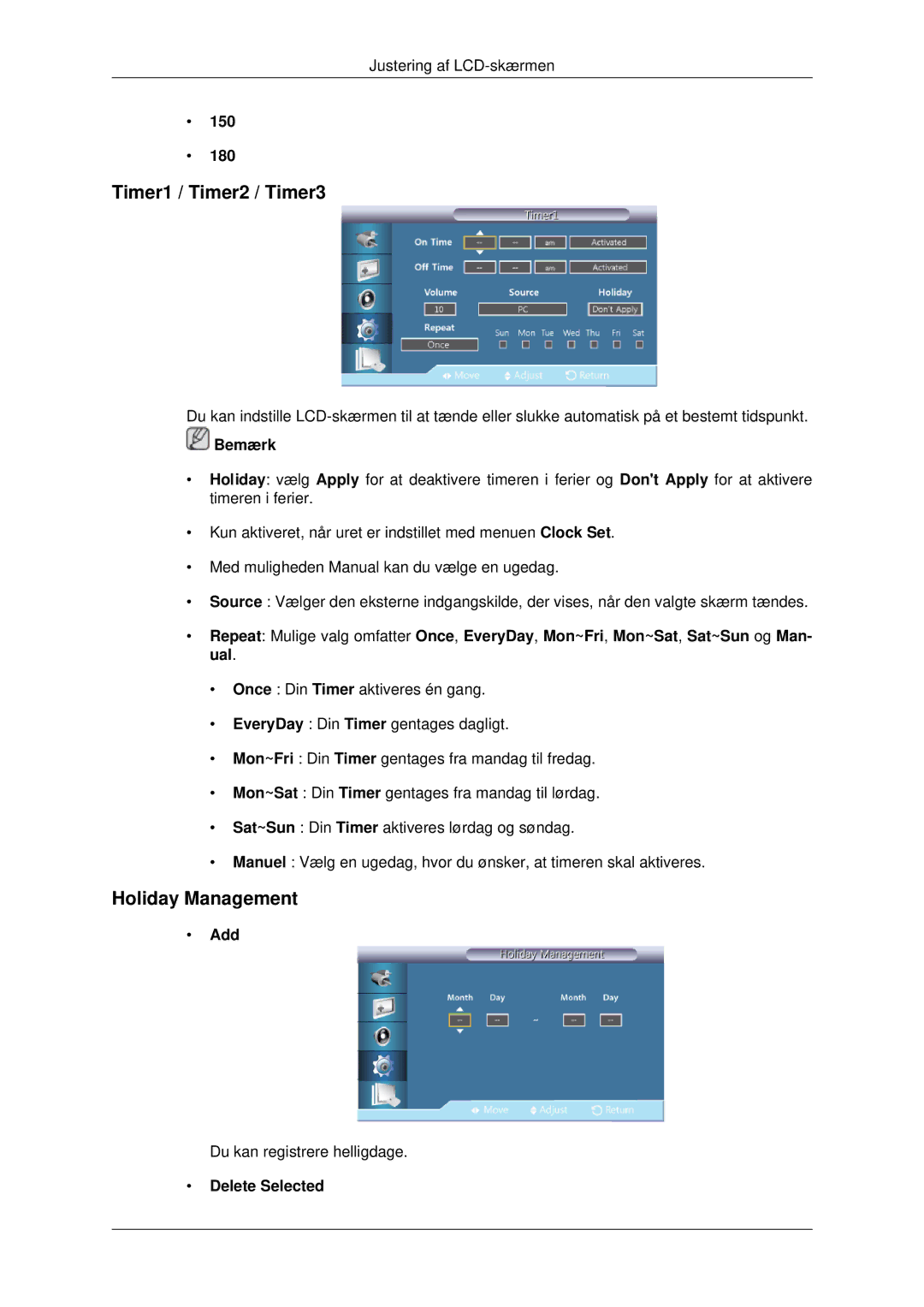 Samsung LH70CSBPLBC/EN manual Timer1 / Timer2 / Timer3, Holiday Management, 150 180, Add, Delete Selected 