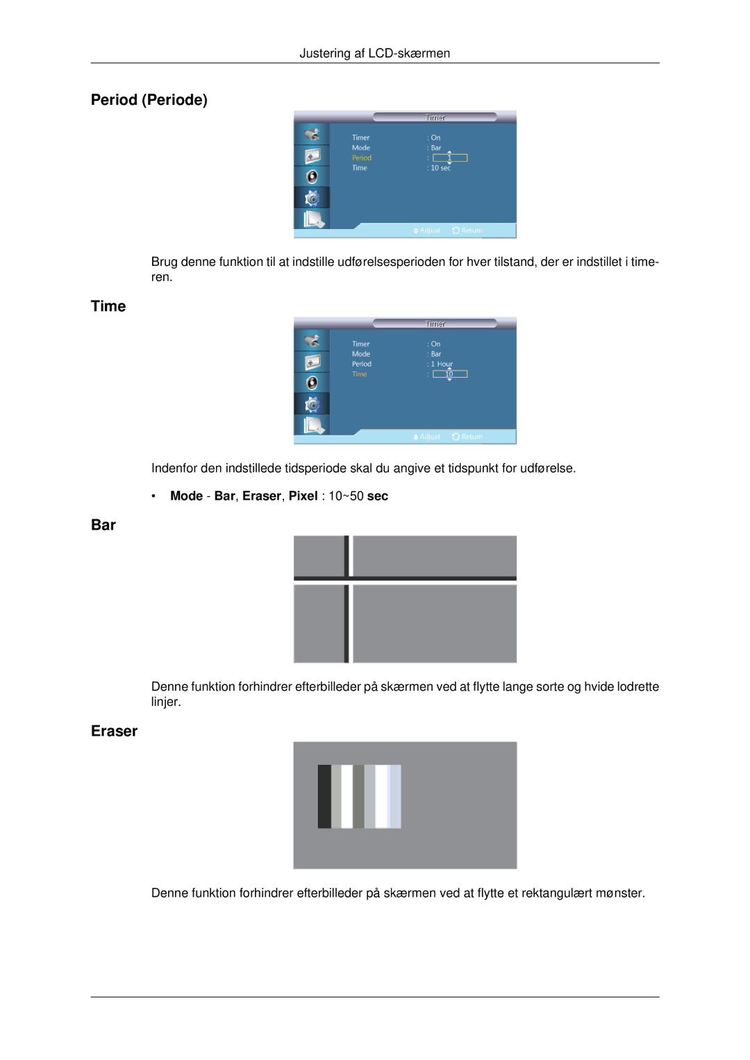 Samsung LH70CSBPLBC/EN manual Period Periode, Mode Bar, Eraser, Pixel 10~50 sec 