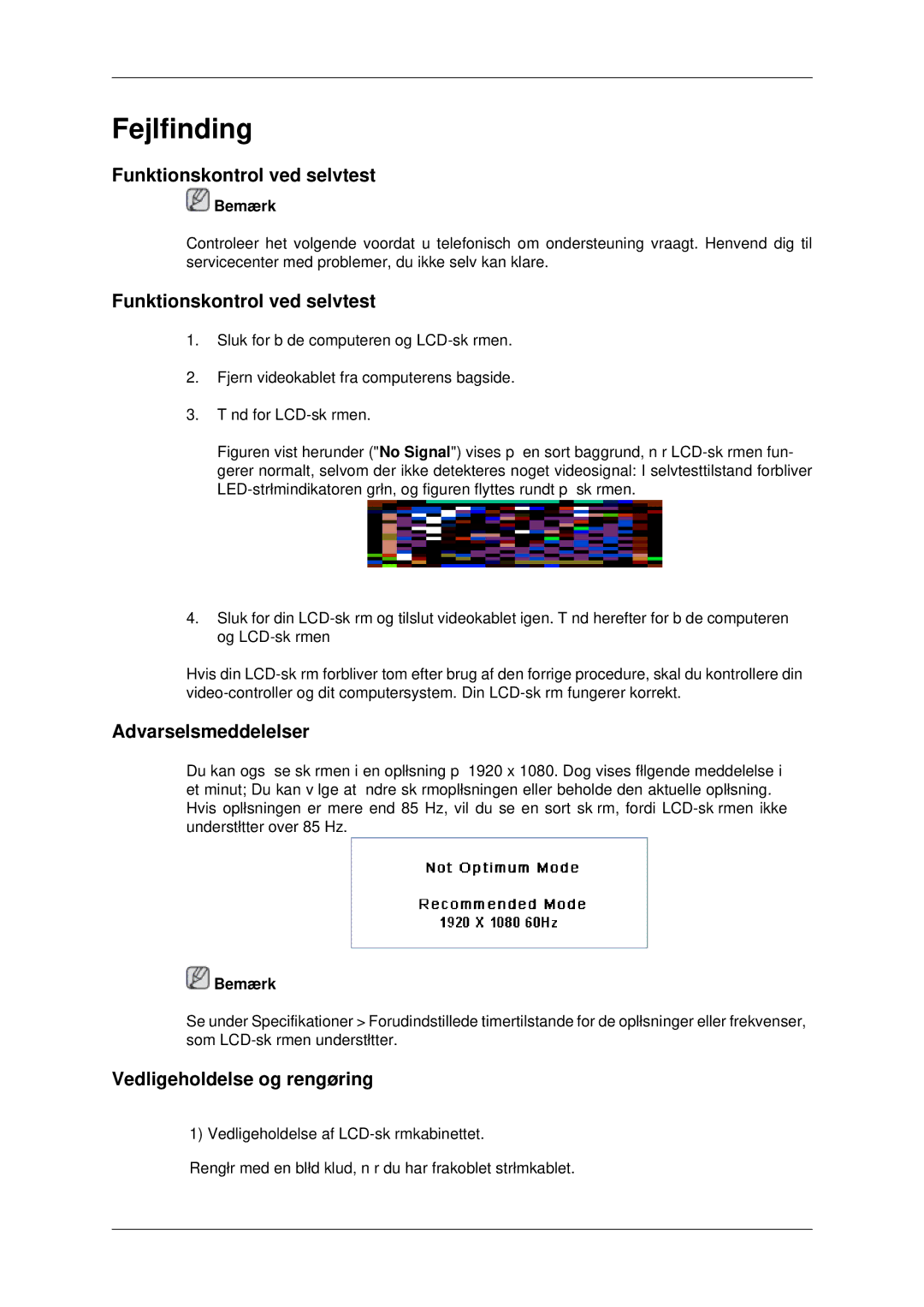 Samsung LH70CSBPLBC/EN manual Funktionskontrol ved selvtest, Vedligeholdelse og rengøring 