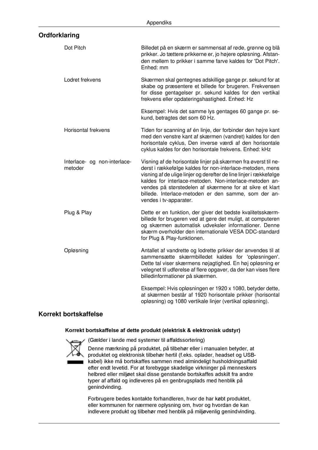 Samsung LH70CSBPLBC/EN manual Ordforklaring, Korrekt bortskaffelse 